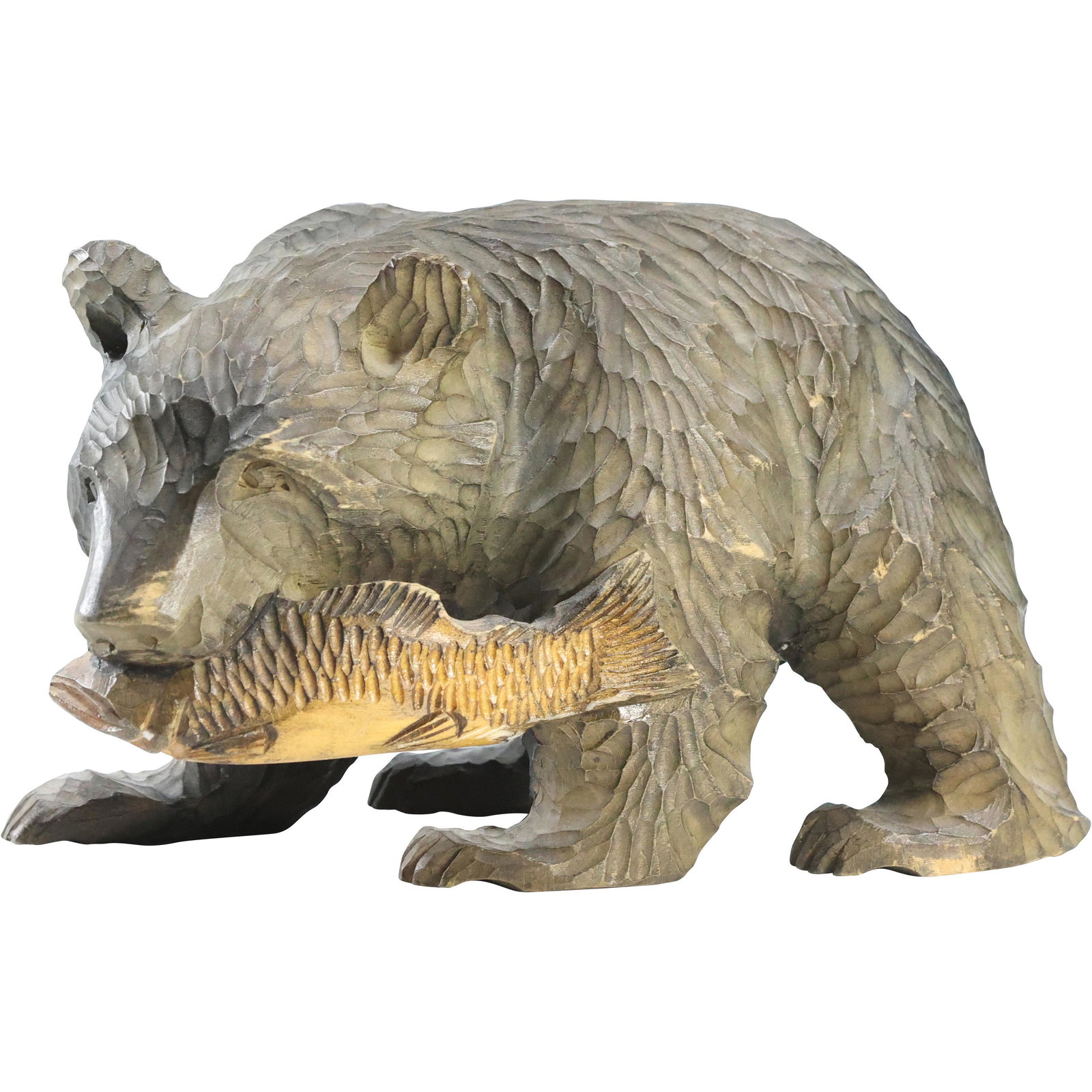 Carved Wooden Grizzly Bear with Fish in Mouth, Artist Signed and Dated. 10 inches length (1 of 12)