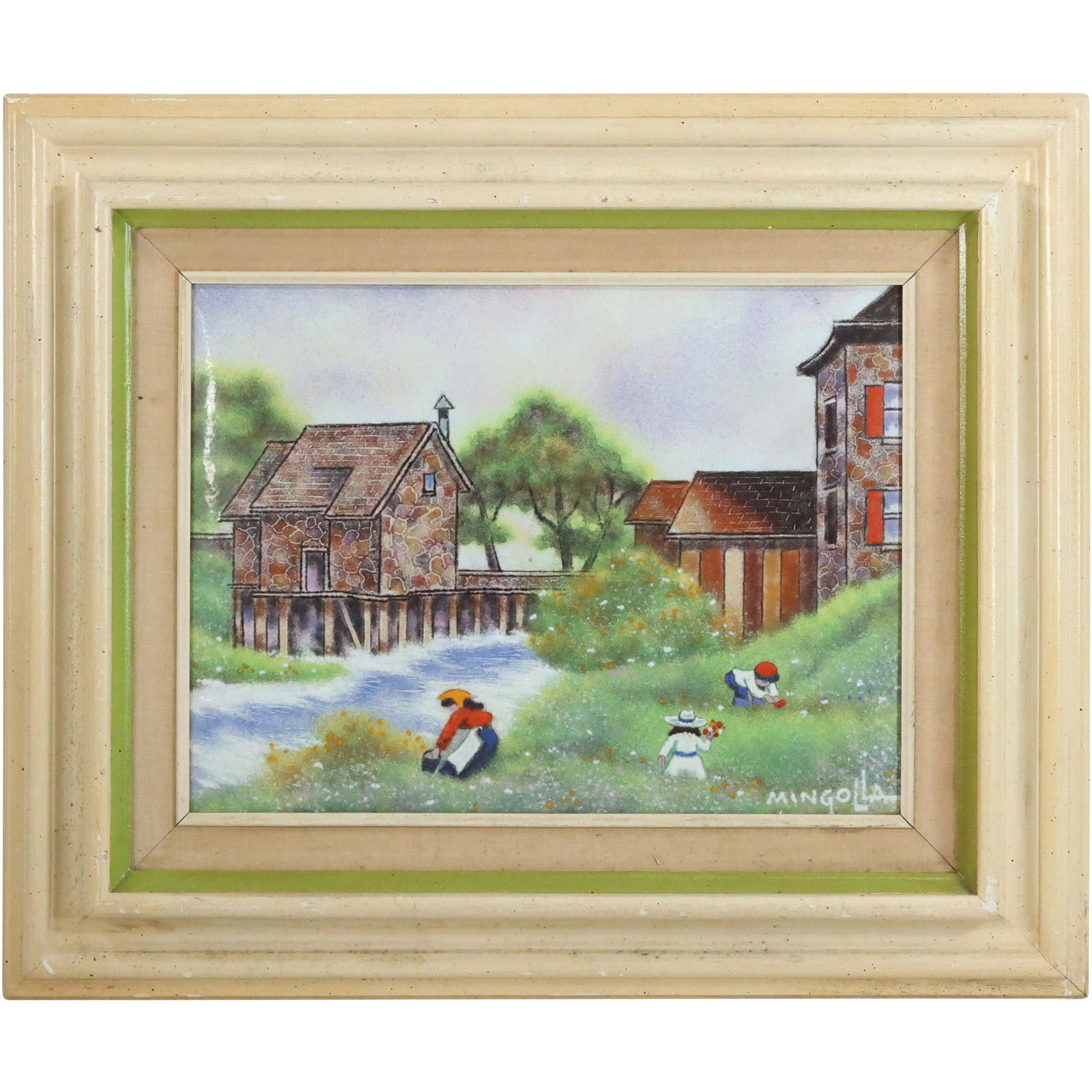 MINGOLLA Enamel Art on Copper Figures Picking Flowers, Home on Stream, Signed, Framed (1 of 14)