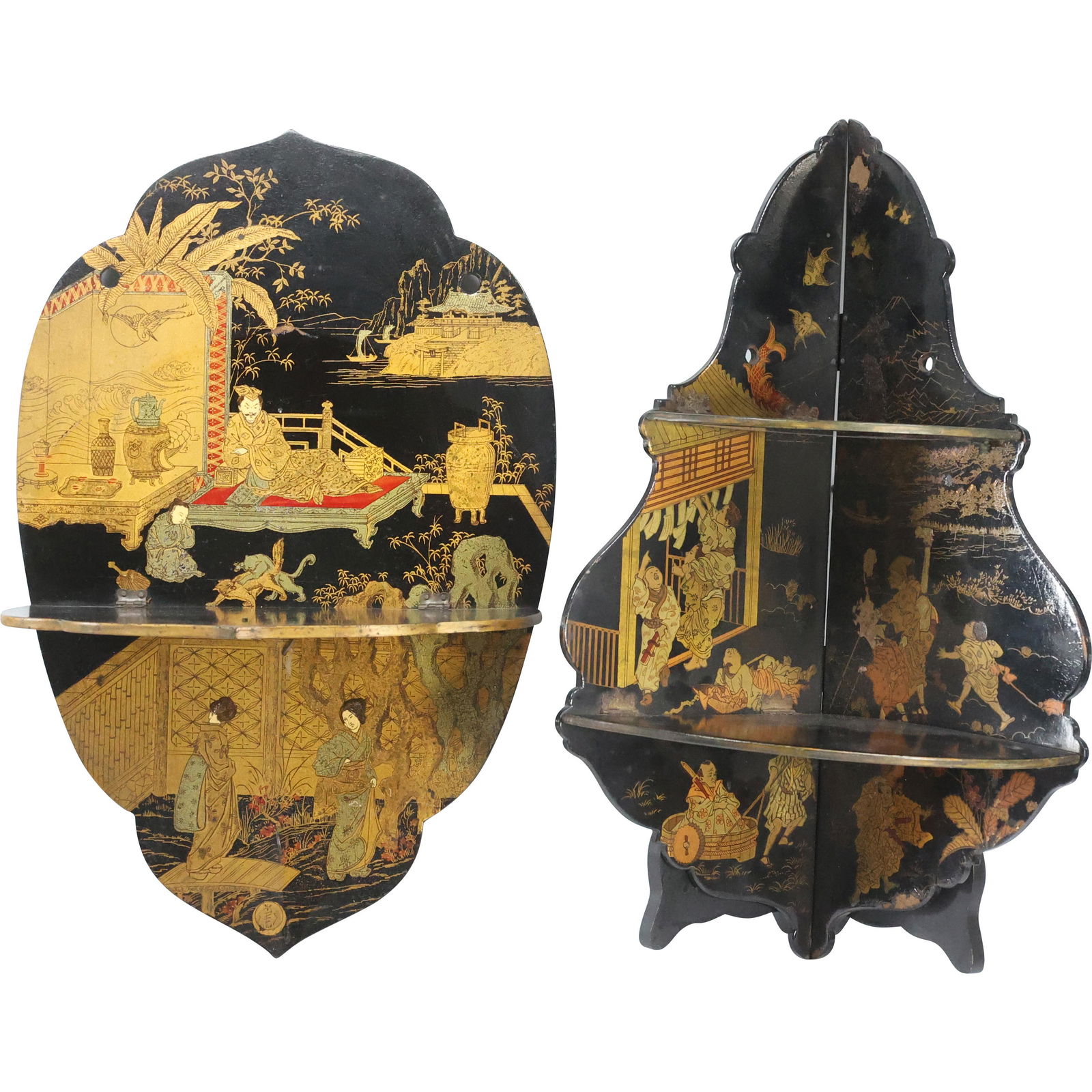 [2] Oriental Black Lacquer with Gold Decorated Scenes Wall Mount Shelves (1 of 19)