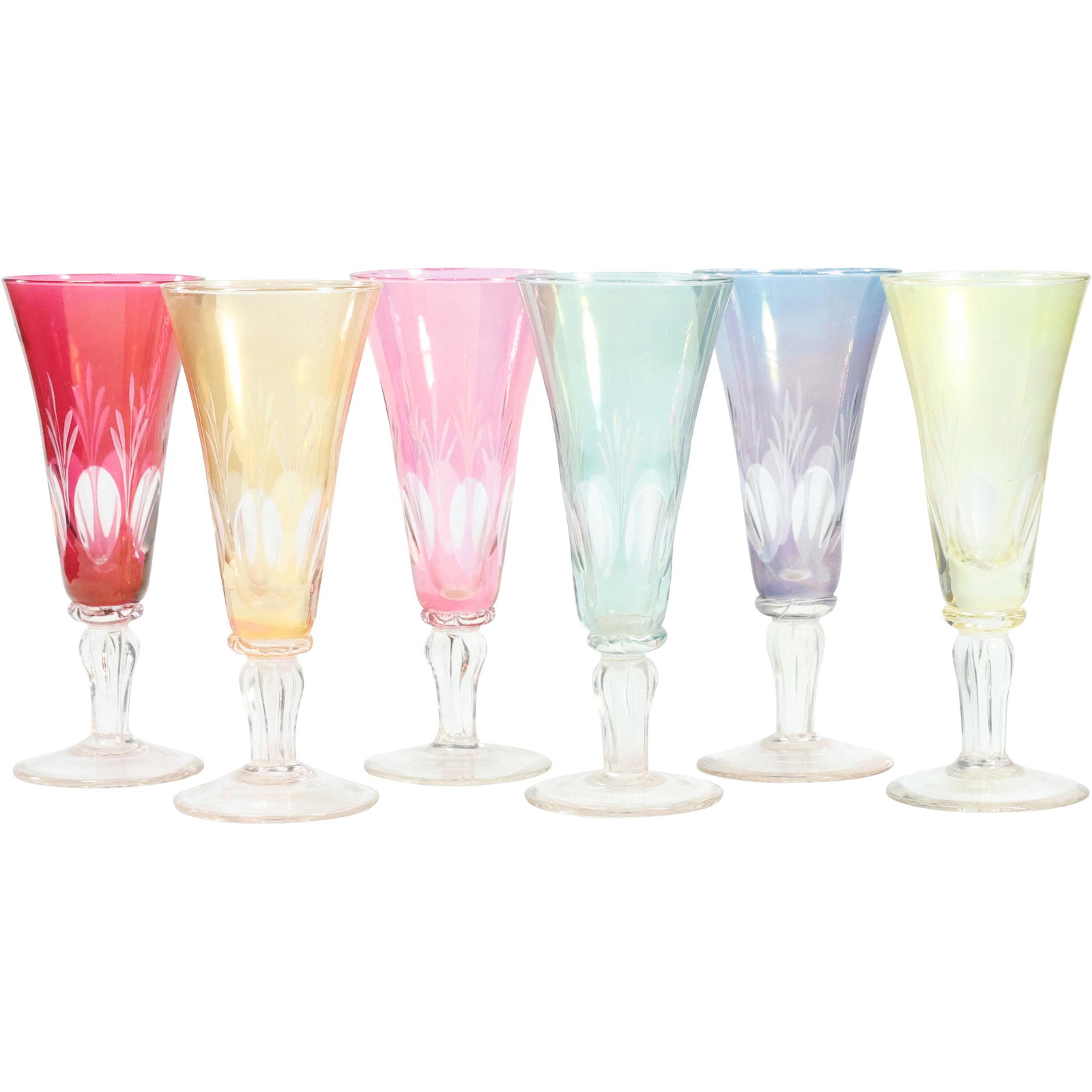 [6] Six Bohemian Multi Colors Cut to Clear Glass Cocktail Flutes Stem Glasses (1 of 12)
