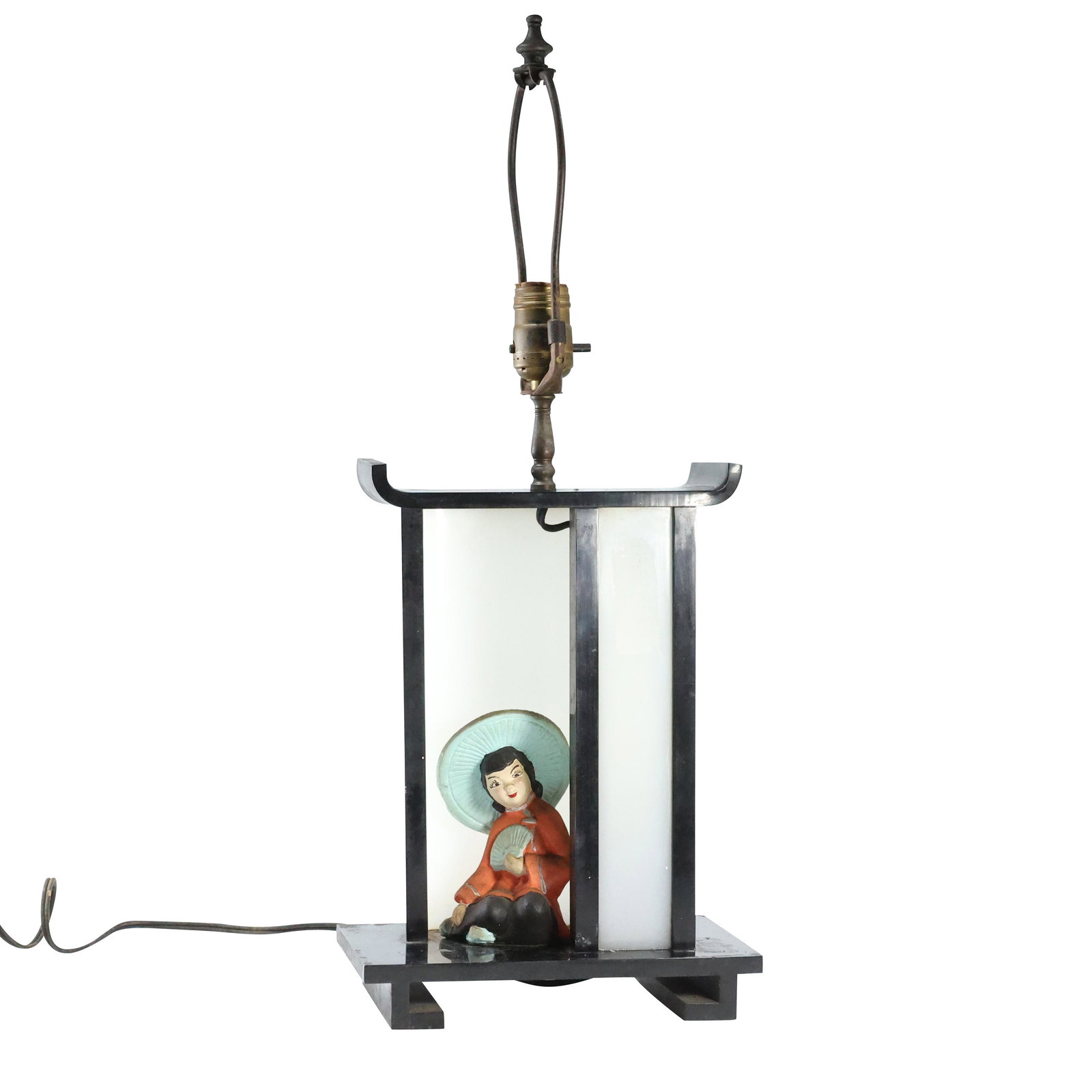 1950s Mid-Century Black Lucite with Ceramic Asian Figure Table Lamp (1 of 16)
