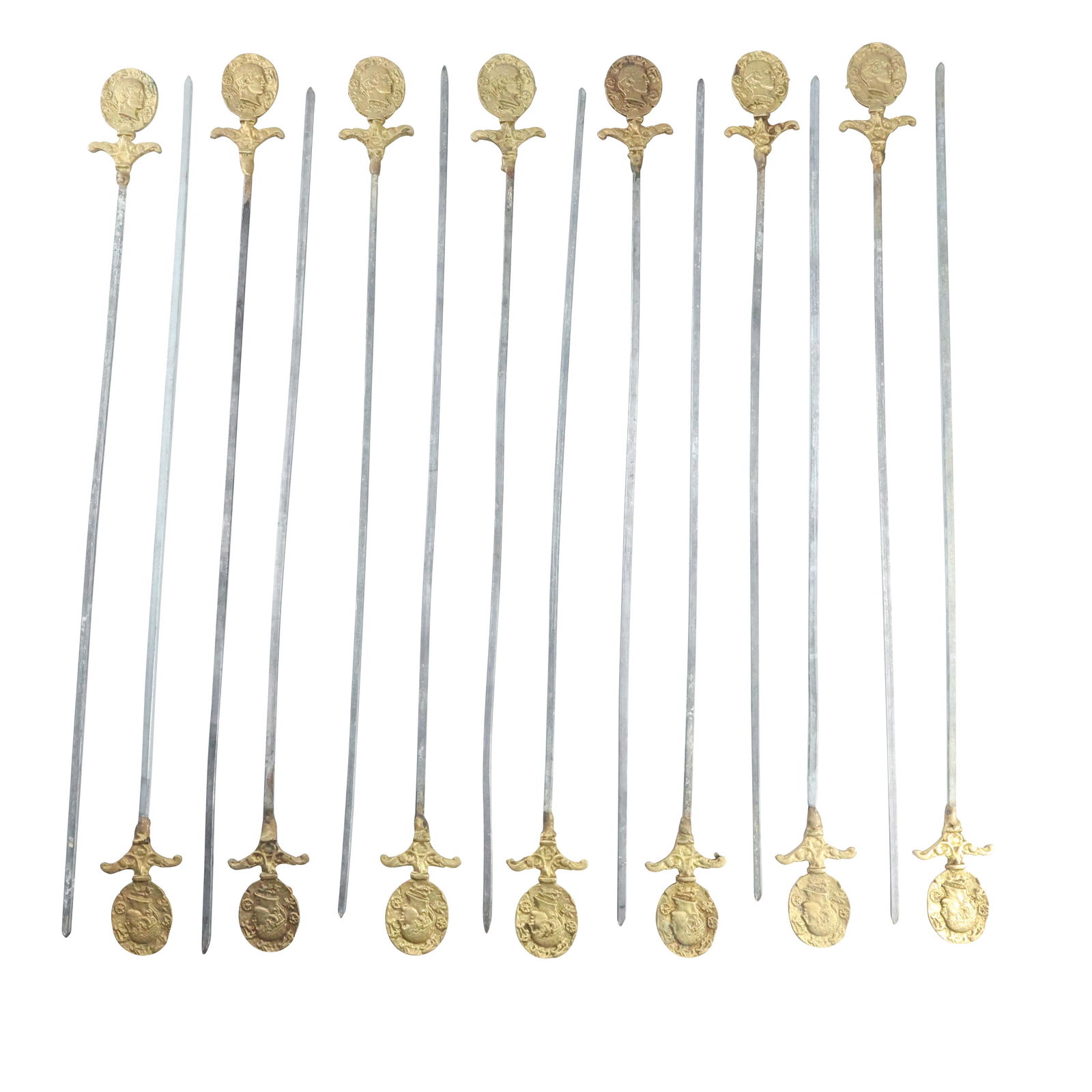 [14] Fourteen Brass Roman Head Top Metal Skewers: [14] Fourteen Brass Roman Head Top Metal Skewers. size: 19 x 1.25