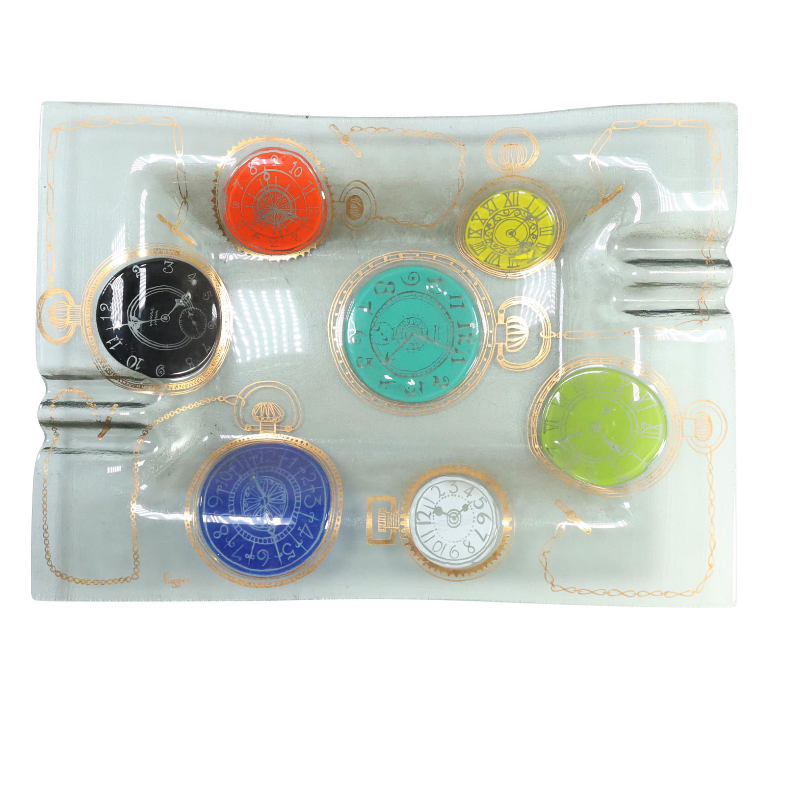 Signed HIGGINS Mid-Century Modern Glass Cigars Ashtray Pocket Watches Pattern: Signed HIGGINS Mid-Century Modern Glass Cigars Ashtray Pocket Watches Pattern. size: 1.25 x 14 x 10