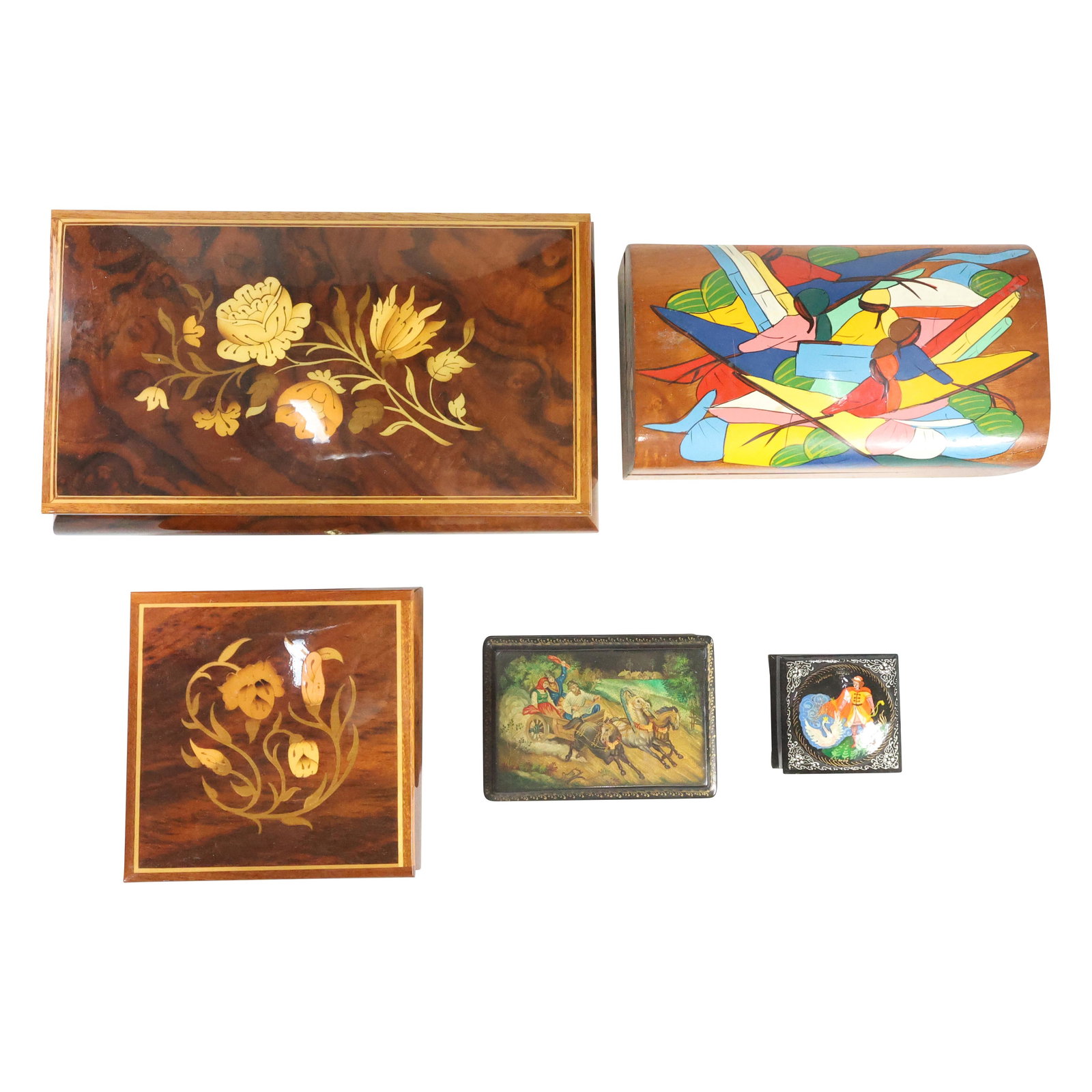 [5] Five Assorted Wooden Dresser Boxes Including Russian Hand Paint Scenic, Inlay, Deco (1 of 20)