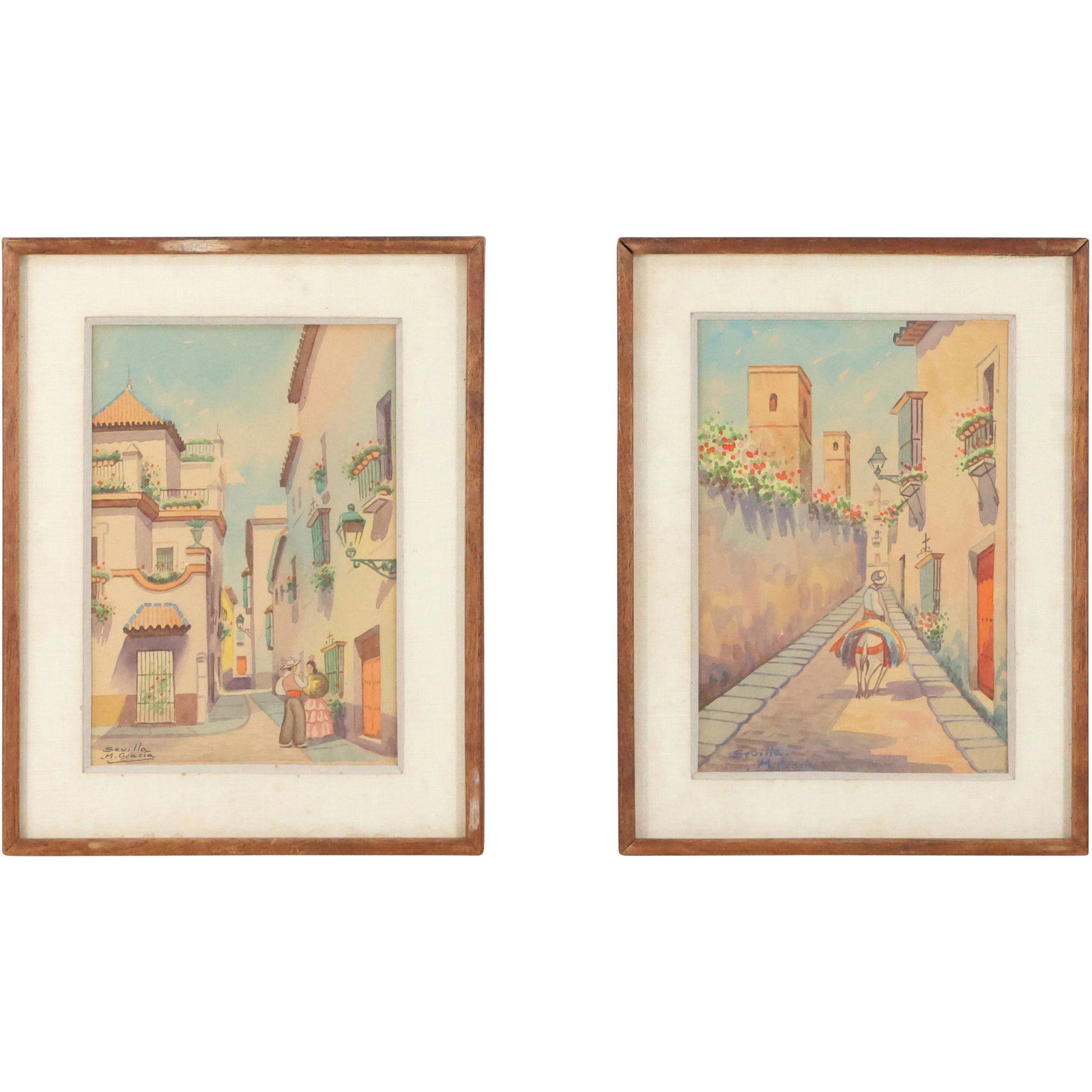 [2] Two Sevilla, M. Gracia, Latin American Scenic Watercolor Paintings, Signed, Framed (1 of 20)
