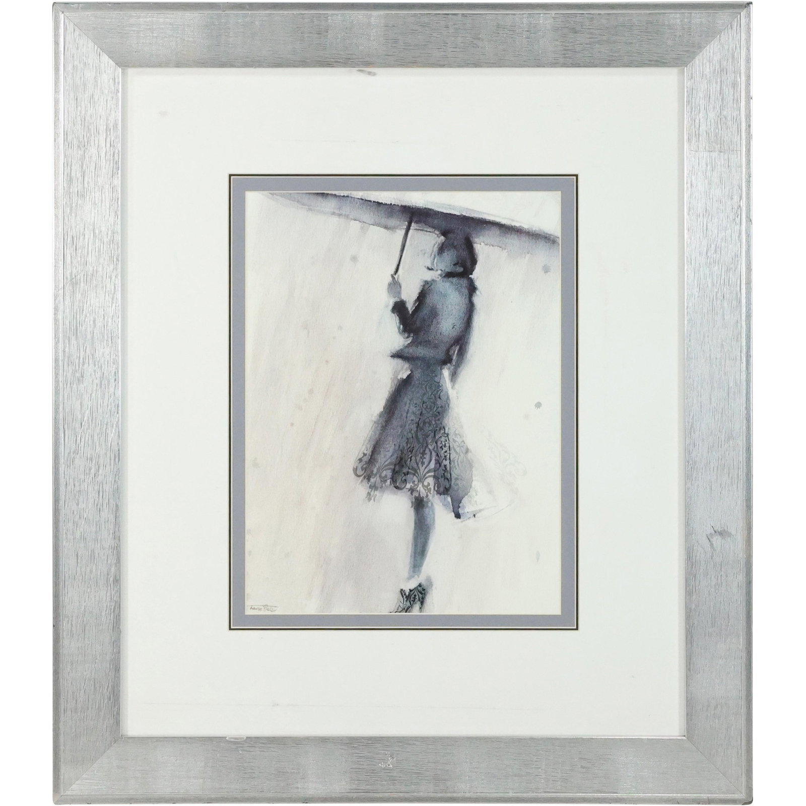 Aaron Pinsker, Impressionist Watercolor Painting Woman with Umbrella in Rain (1 of 14)