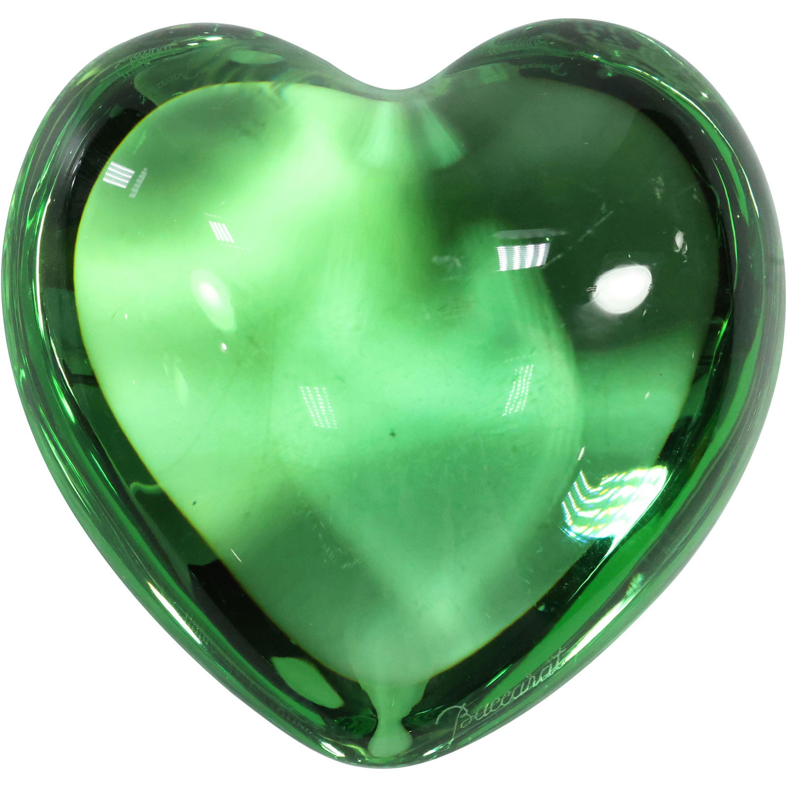 Signed BACCARAT Green Crystal Glass HEART Paperweight (1 of 8)