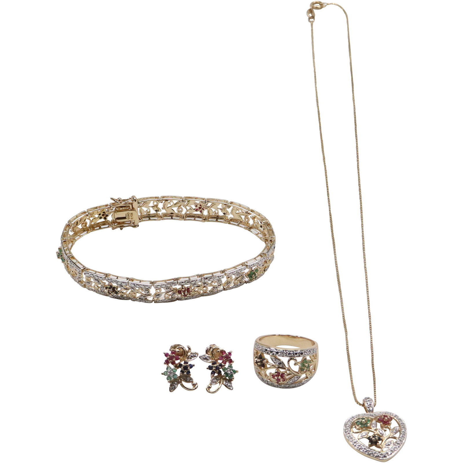 5 PC Genuine Rubies, Sapphires and Emeralds: Bracelet, Ring, Earrings, Pendant (1 of 18)