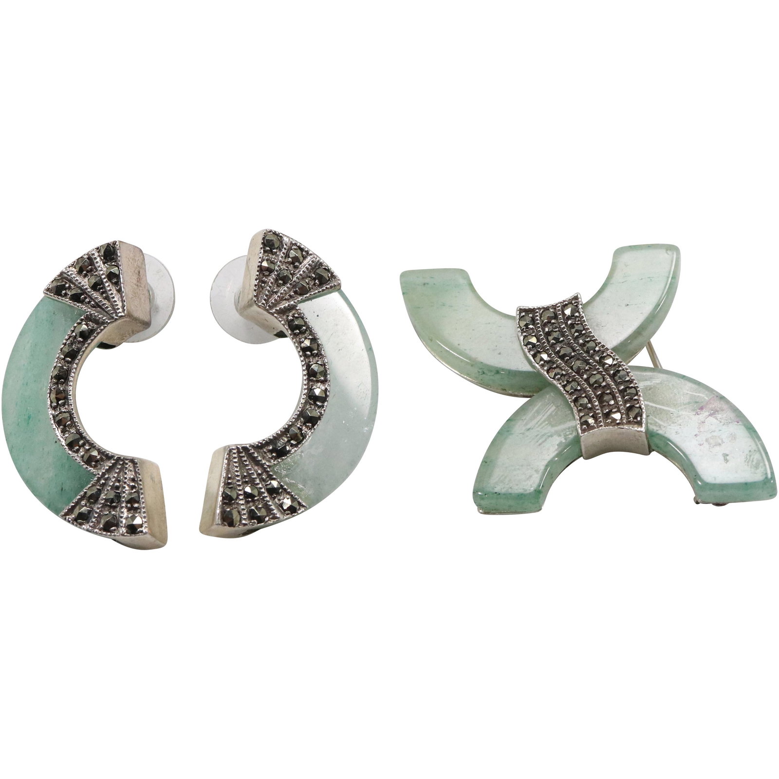 3 PC Sterling Silver Jade Marcasites Piecred Earrings and Matching Pin (1 of 8)