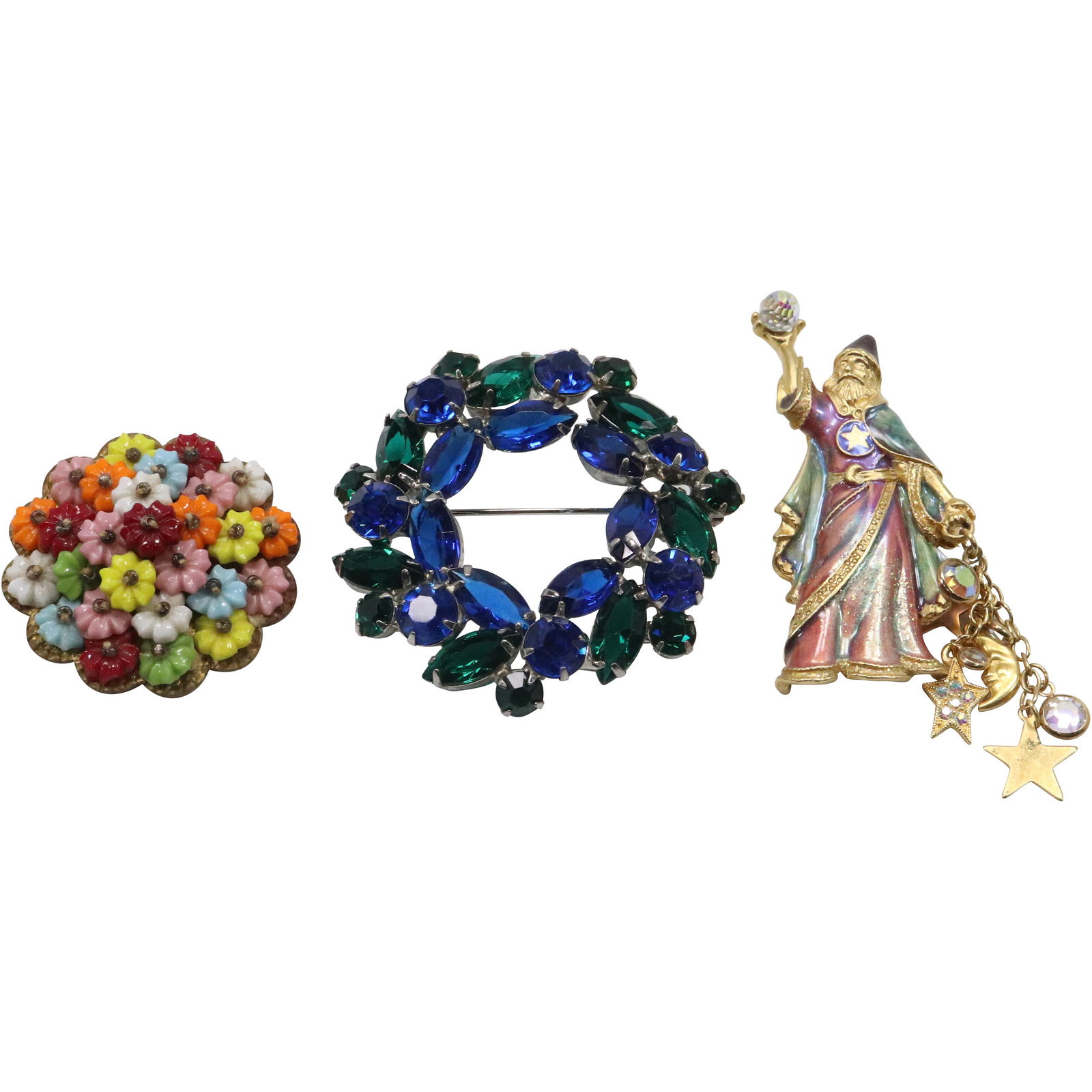 [3] Pins: Kirks Folly Wizard Sorcerer Merlin, Green Blue Rhinestone, Glass Flowers Pin (1 of 12)