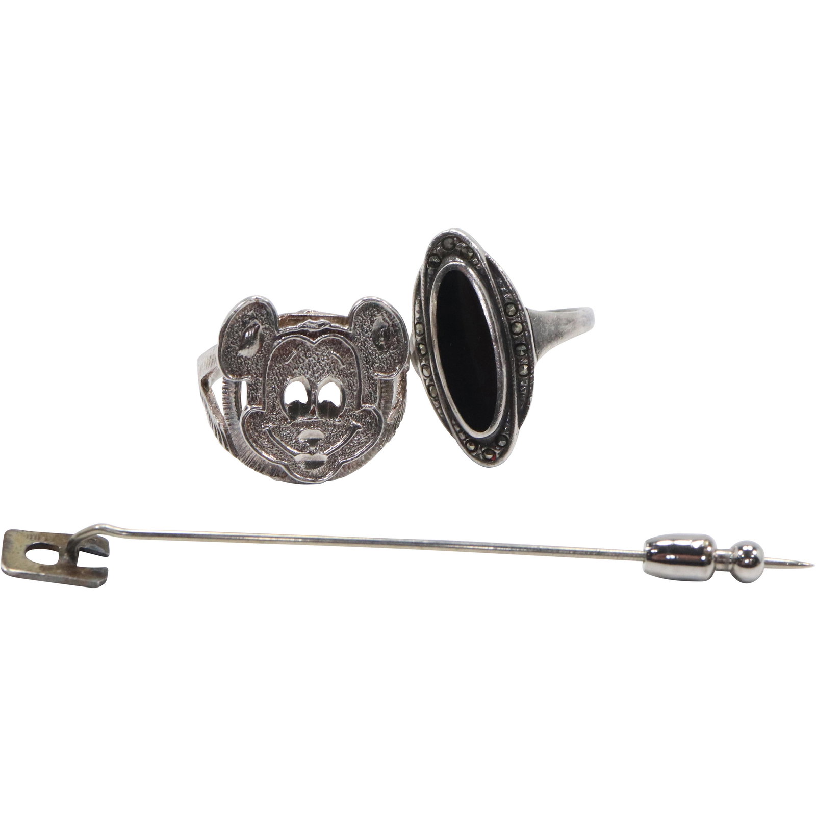 .925 Sterling Sick Pin "A", Black Onyx & Marcasite Ring size 6.5; .925 Mickey Mouse Ring size 8.5 (1 of 11)