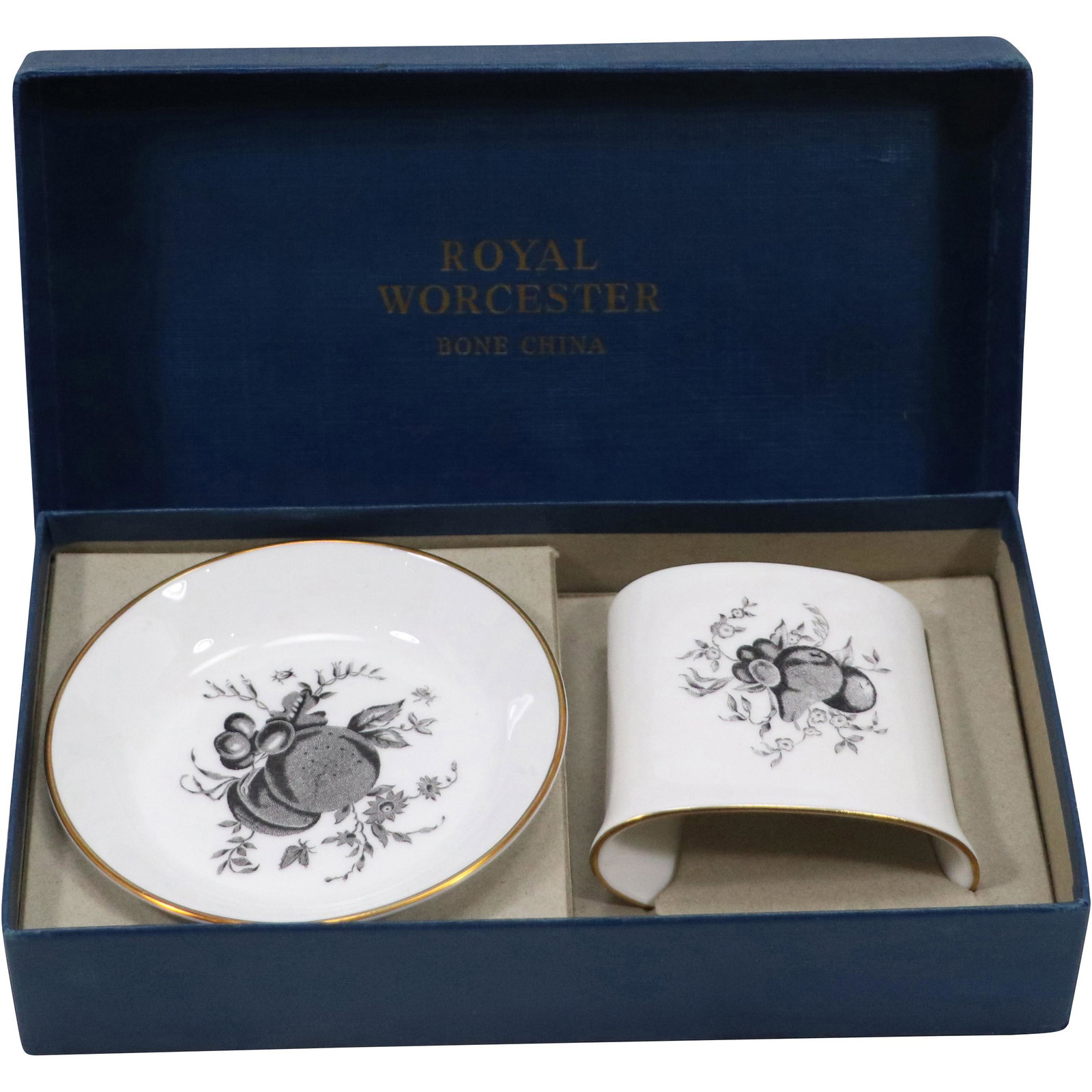 Royal Worcester England Bone China 2-Piece Set in Box, Jar & Saucer: Royal Worcester England Bone China 2-Piece Set in Box, Jar & Saucer. size: plate .75h 4w jar 2.5h 3w box 1.75h 7.75w