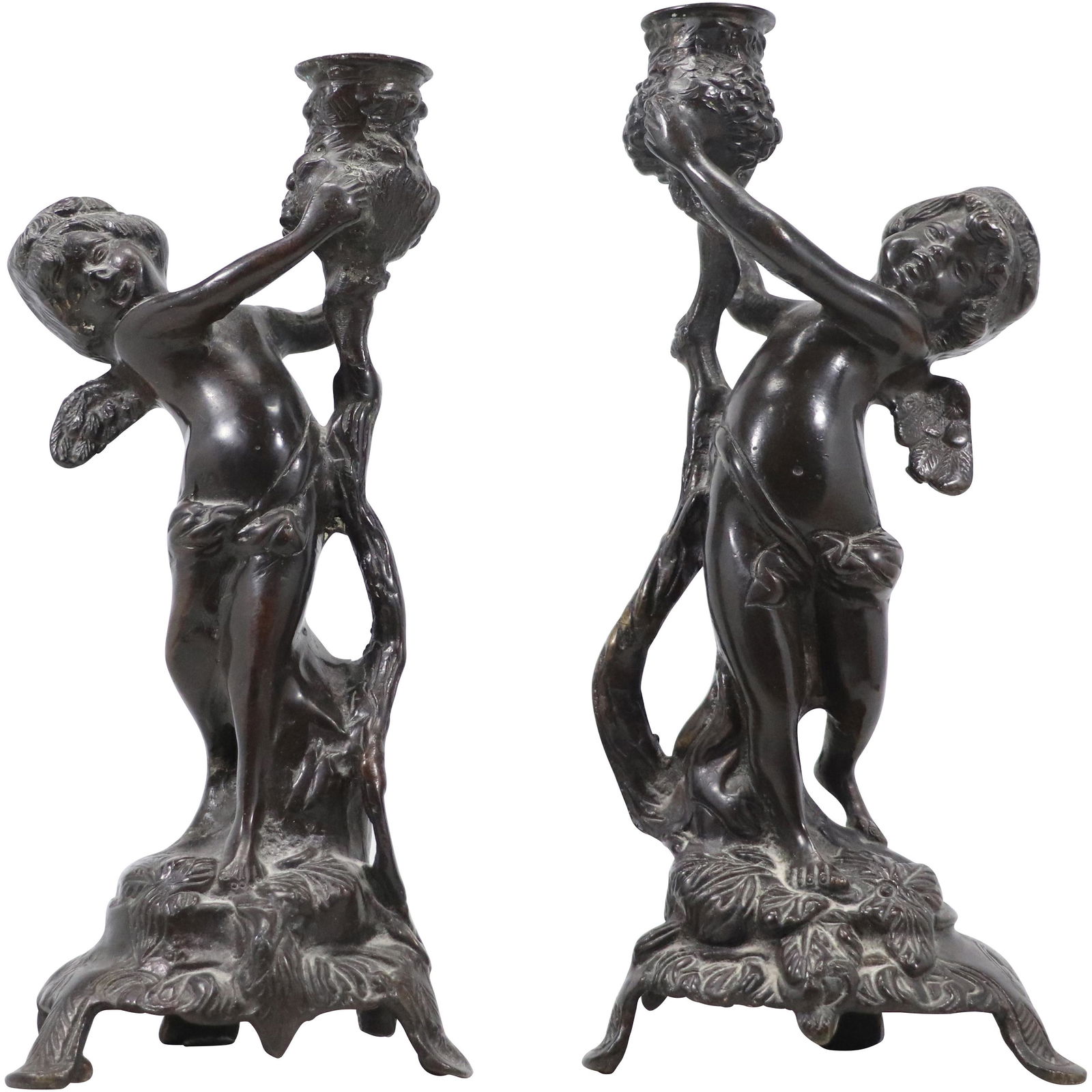 [2] Two Cast Bronze Winged Cherubs Holding Candlesticks Sculptures (1 of 9)