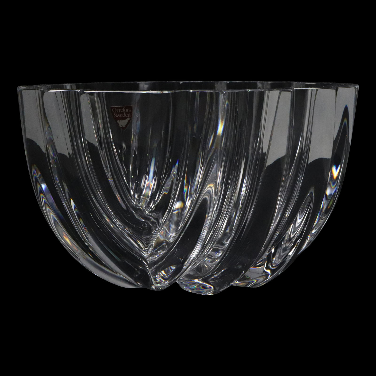 Signed Orrefors Thick Heavy Crystal Glass Bowl with Label: Signed ORREFORS Thick Heavy Crystal Glass Bowl with Label. size: 5h 8.75w