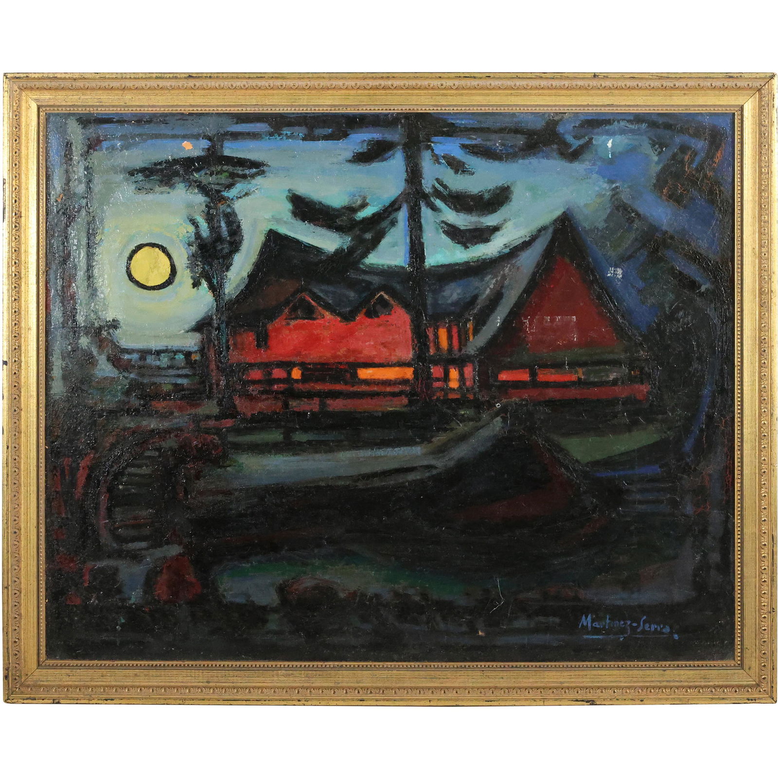 Martinez-Serra; Oil/b Nocturnal Painting Moonlight Over Home in Forest (1 of 18)