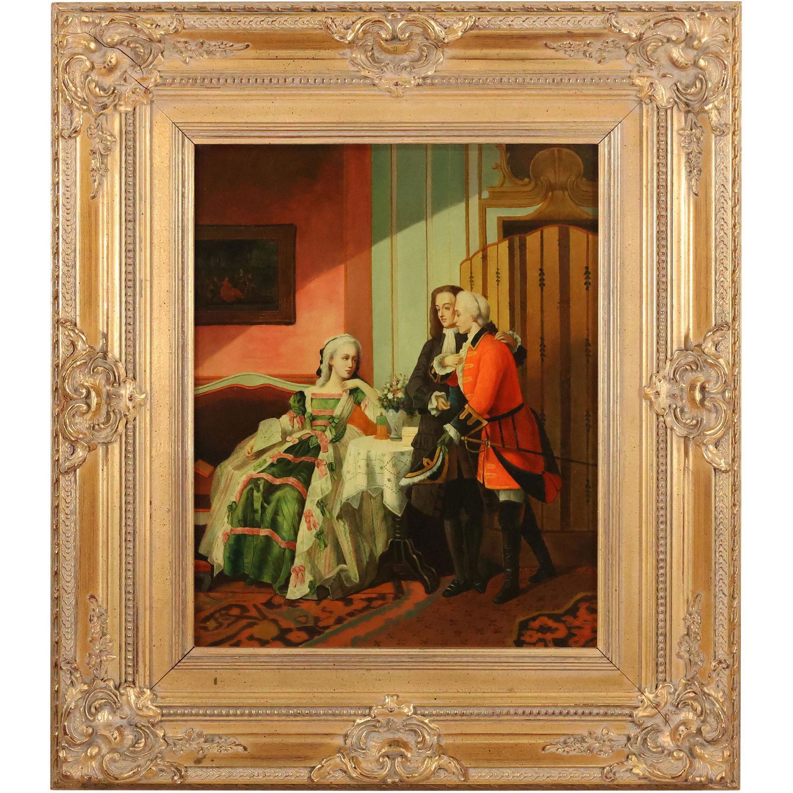 Very Fine 20th C. Oil Painting on Wood Panel Colonial Figures in Interior Setting (1 of 13)