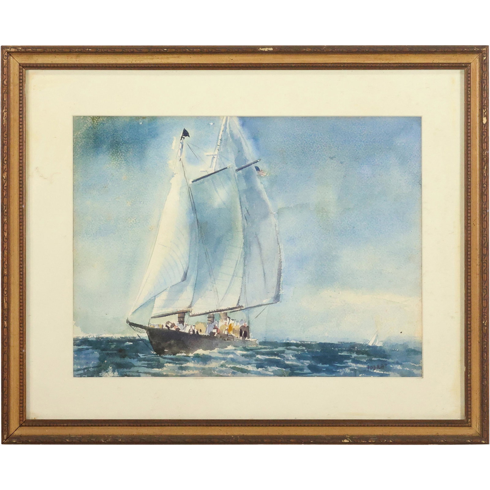 Podrat, Vintage Watercolor Painting Sail Boat on Seas, Signed, Framed: Podrat, Vintage Watercolor Painting Sail Boat on Seas, Signed, Framed. size: 11.5 x 15.5 matte, 17.75 x 21.5 outside frame