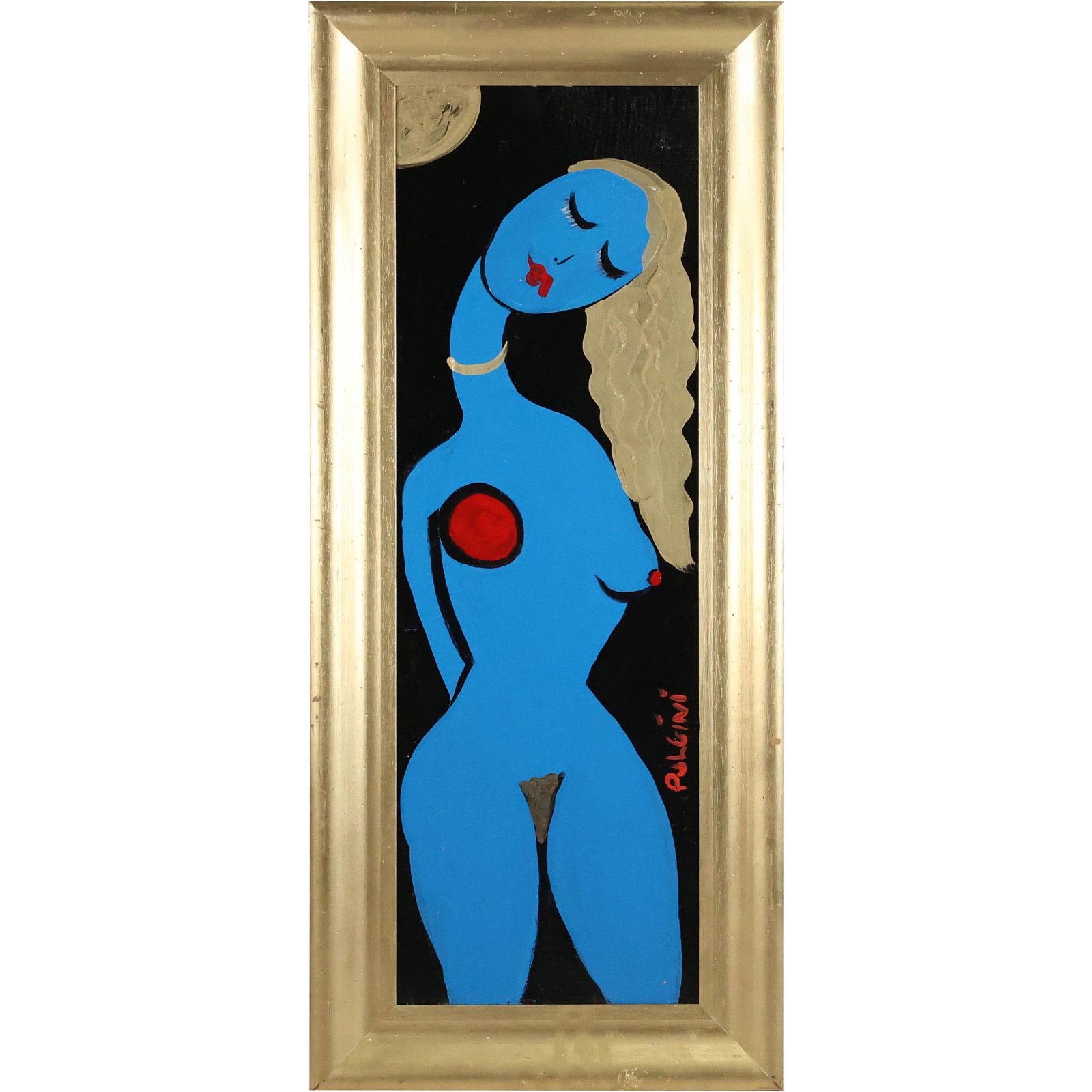 Thomas Pulgini, American, Oil Painting Blue Abstract Nude Gold Hair: Thomas Pulgini, American, Oil Painting BLUE ABSTRACT NUDE GOLD HAIR. Oil on board, Signed, Framed. Well Listed American Artist. size: 36 x 12, 42 x 18 outside frame. ASKart: Thomas Pulgini, Born 1965