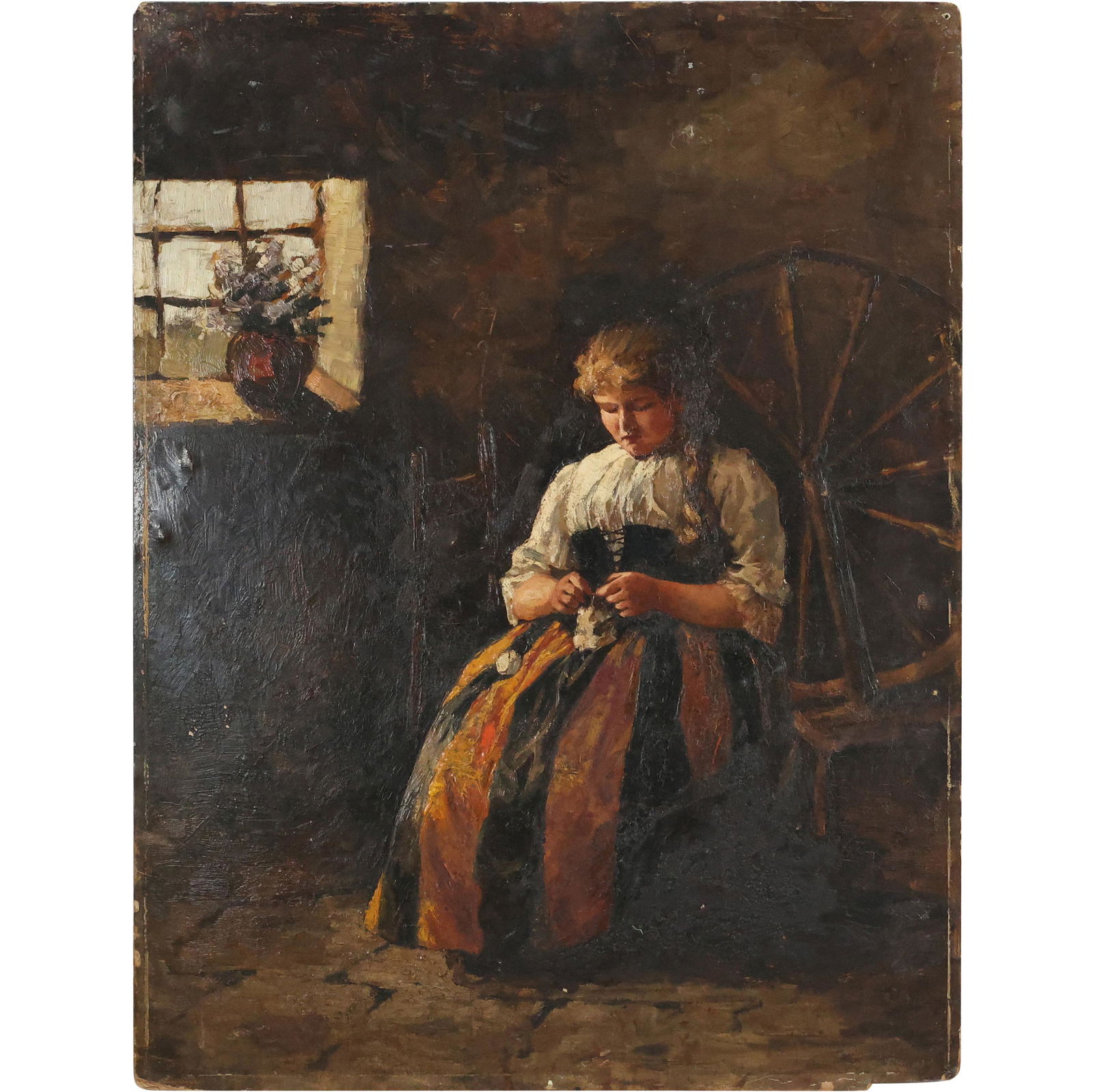 Fine Quality 19th C. Oil Painting Woman Sewing Next to Spinning Wheel (1 of 11)