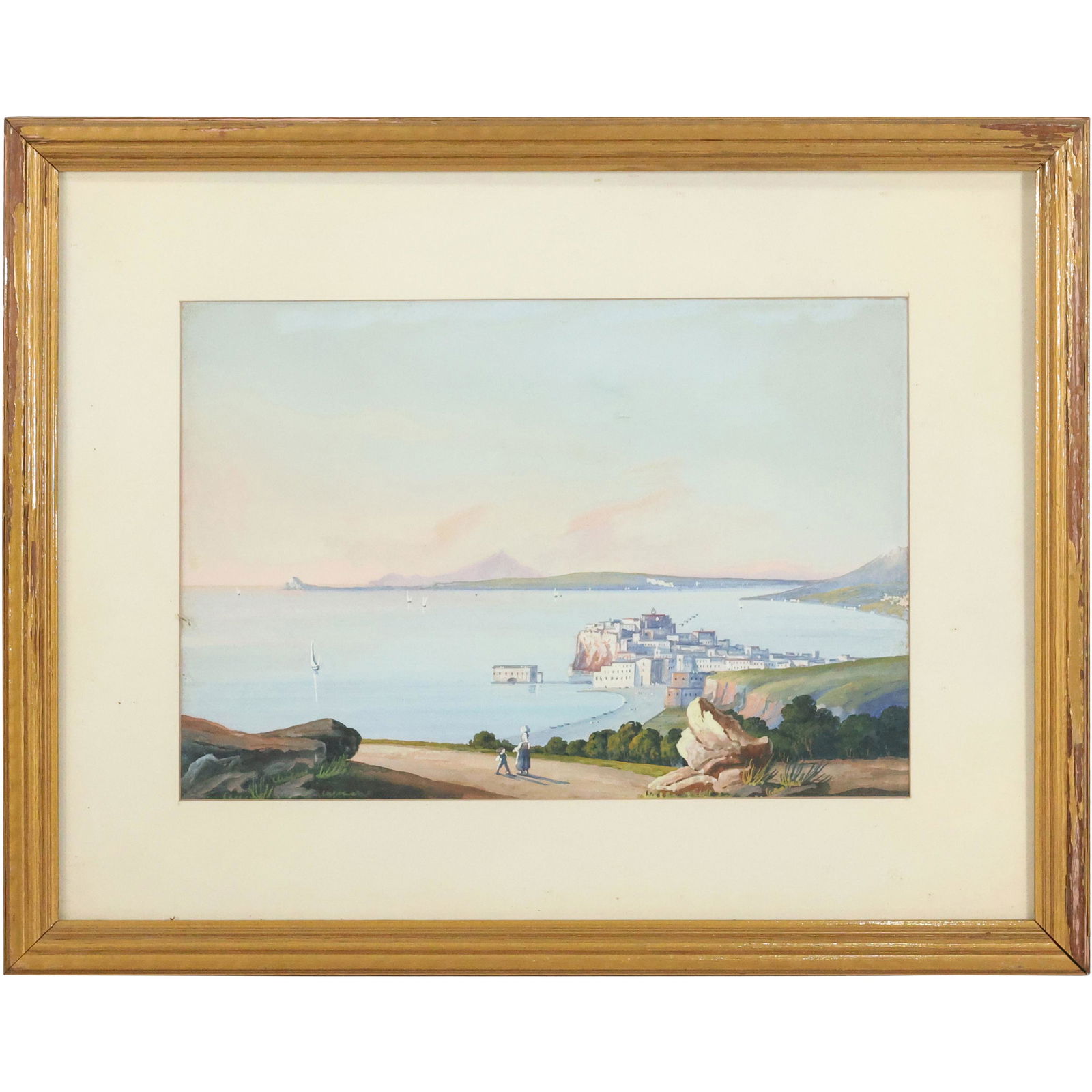 Coastal Naples Landscape Gouache Painting, Original Framing, Vintage (1 of 11)