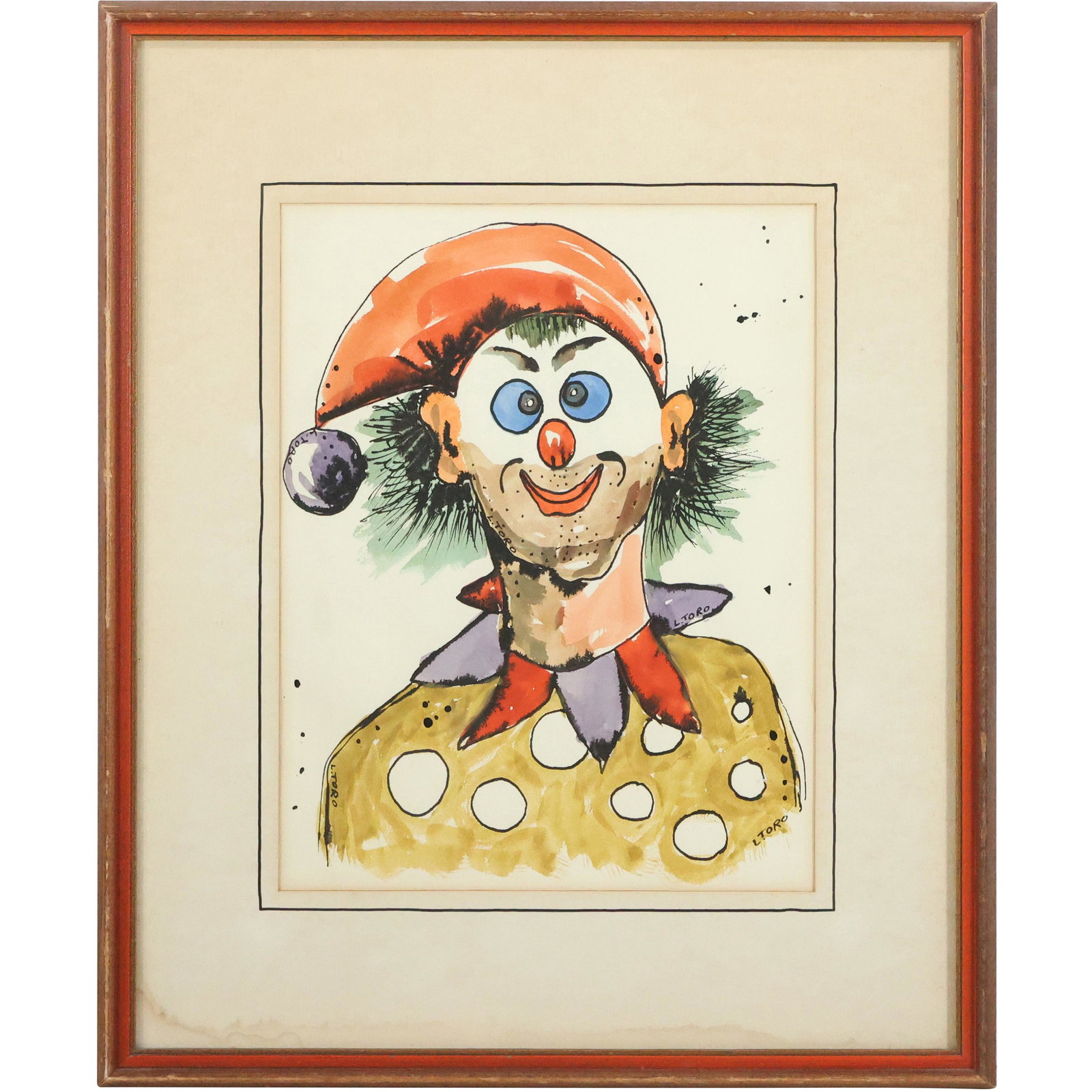 L. Toro, Whimsical Clown Portrait Watercolor Painting, Signed, Framed (1 of 15)