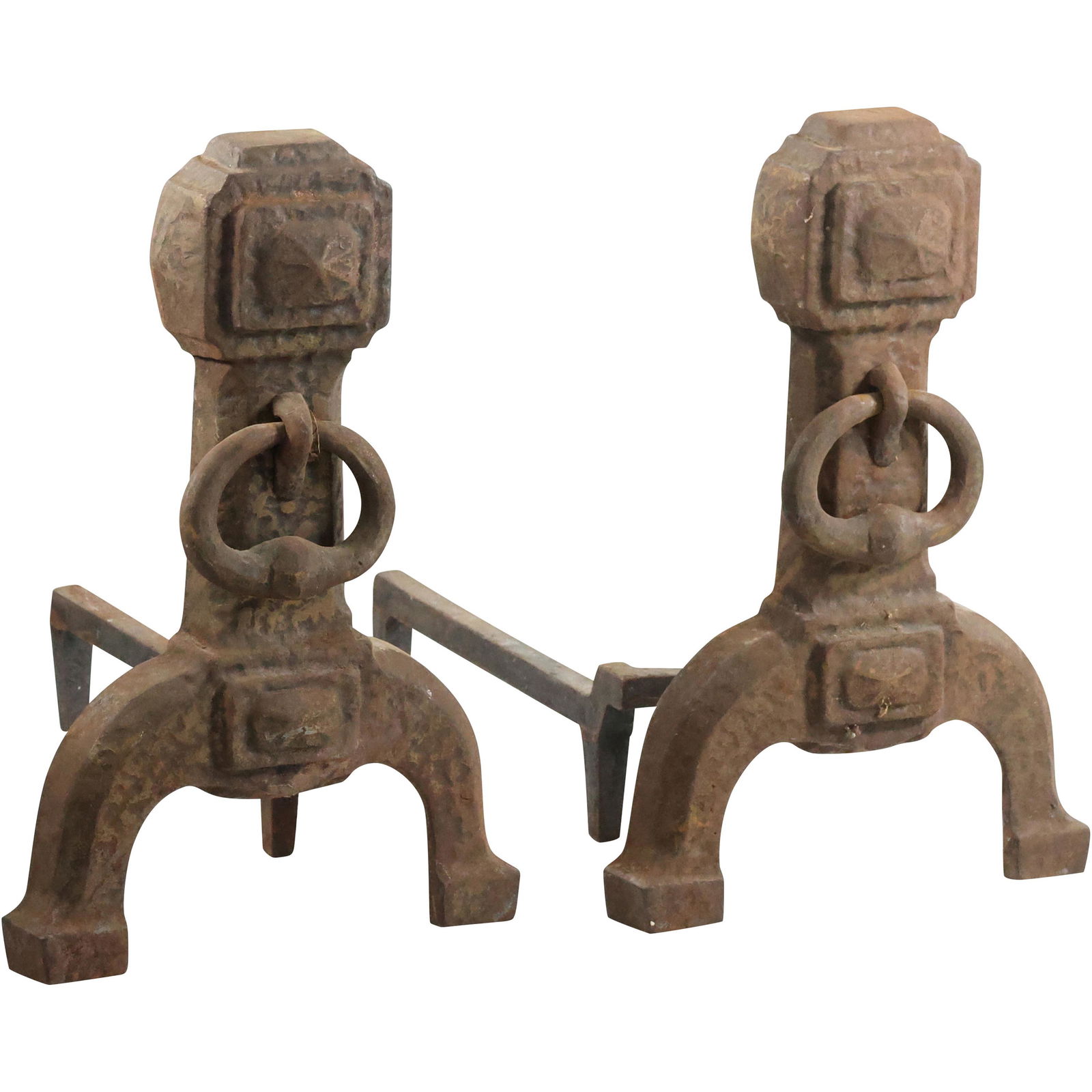Cast Iron Arts & Crafts Mission Style Fireplace Andirons Signed Cahile: Cast Iron Arts & Crafts Mission Style Fireplace Andirons Signed Cahile. size: 18 x 12 x 19
