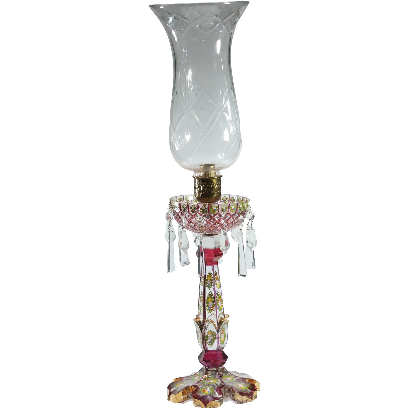 Quality Antique Bohemian Cranberry & Crystal Glass Hurrican Lamp, Hand Painted: Quality Antique Bohemian Cranberry & Crystal Glass Hurrican Lamp, Hand Painted. Accented with Glass Prisms. size: 25 x 6.25