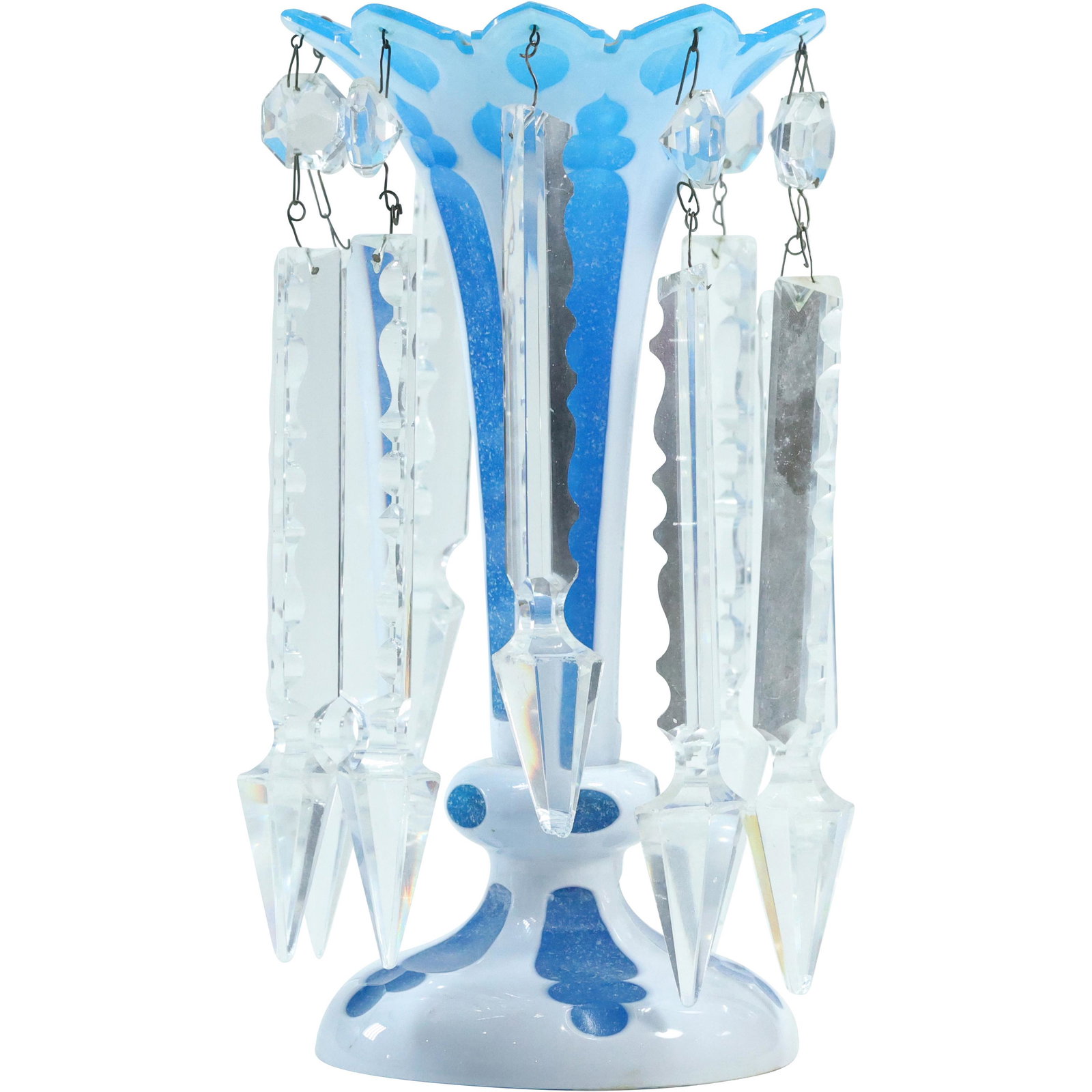 Bohemian Glass White Cut to Sky Blue Luster with Long Crystal Prisms (1 of 7)