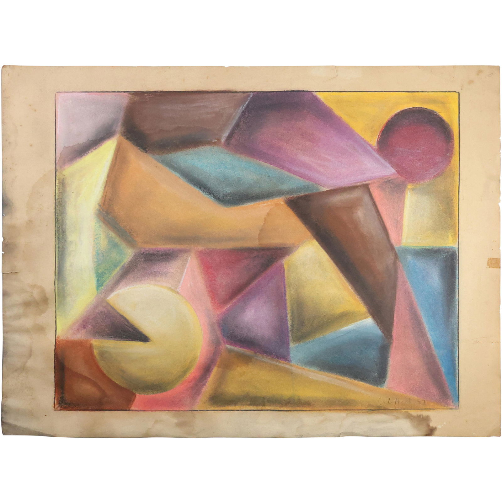 Carl Holty 1959, Mid-Century Modern Cubistic Shapes Pastel Painting Colorful (1 of 12)