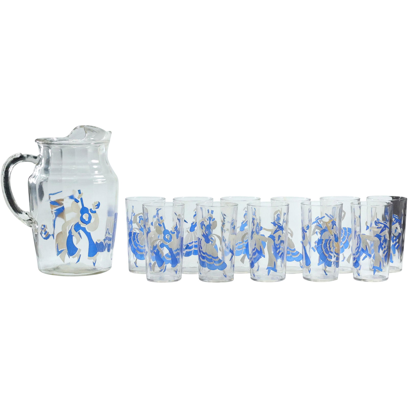 Mid-Century Mariachi Dancers Lemonade Pitcher with 11 Tall Drinking Glasses (1 of 11)