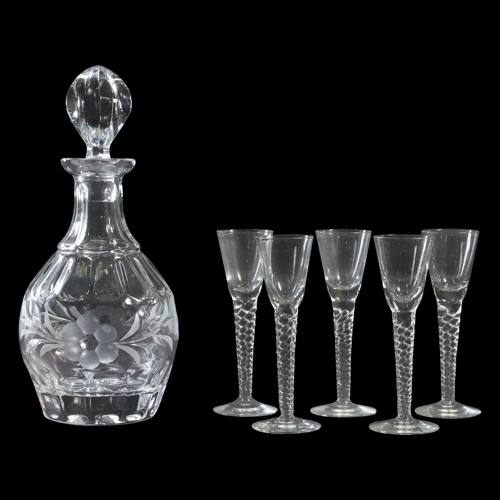 Etched Glass Liquor Decanter with 5 Tasting Stemmed Cordials: Etched Glass Liquor Decanter with 5 Tasting Stemmed Cordials. size: decanter (10.5 x 4.5), 5x glasses (5.5 x 2)