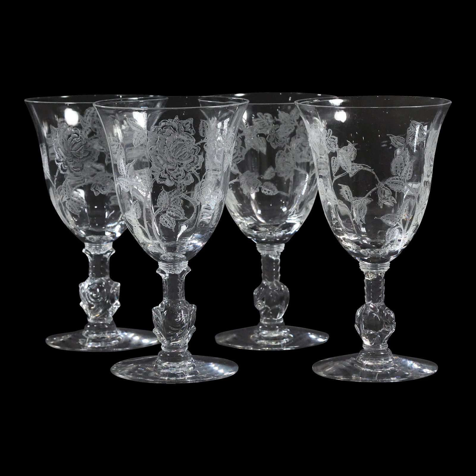 [4] Four Etched Roses Crystal Stemware Glasses with Embossed Rose Bases (1 of 7)