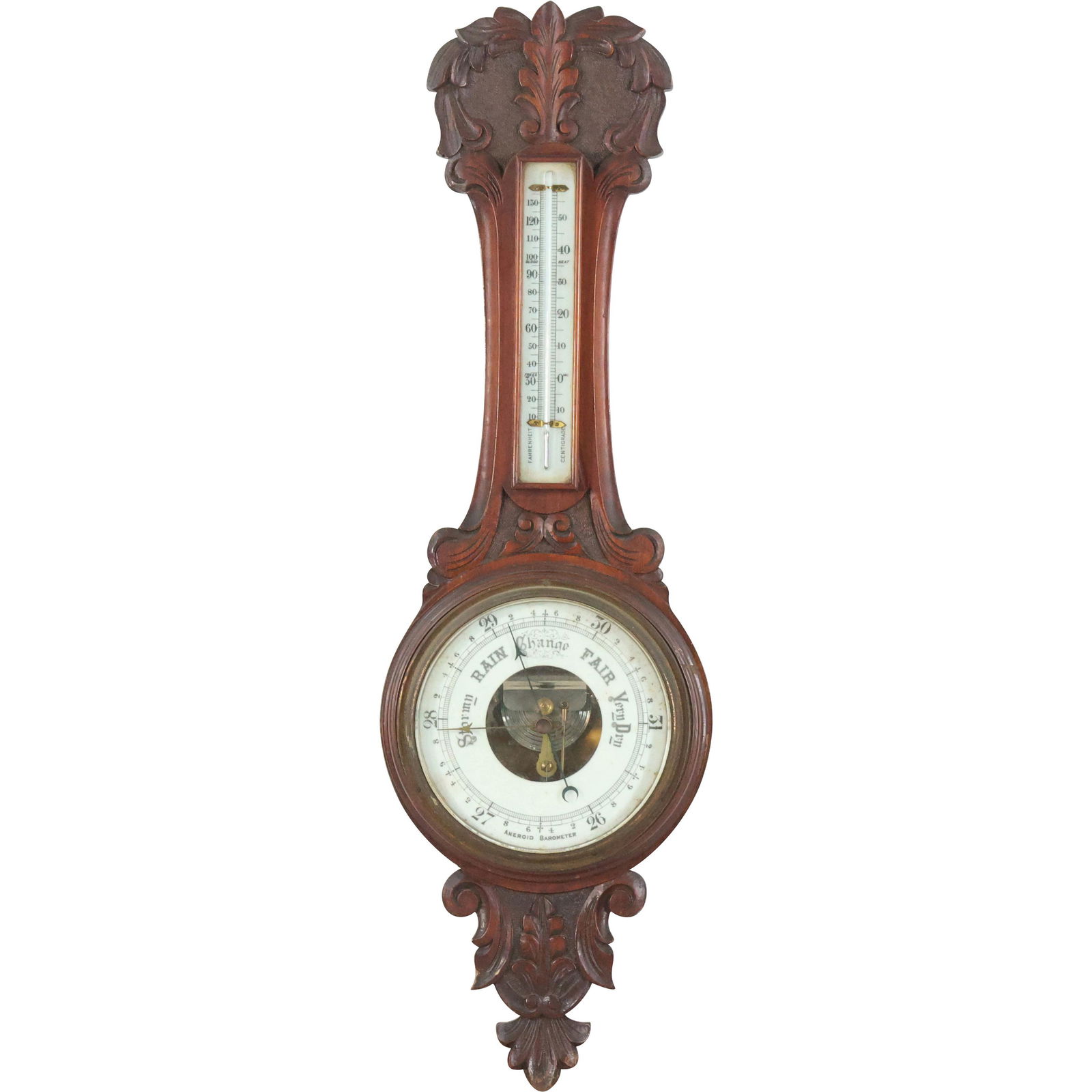 Antique Carved Walnut Wall Mount Barometer Thermometer (1 of 11)