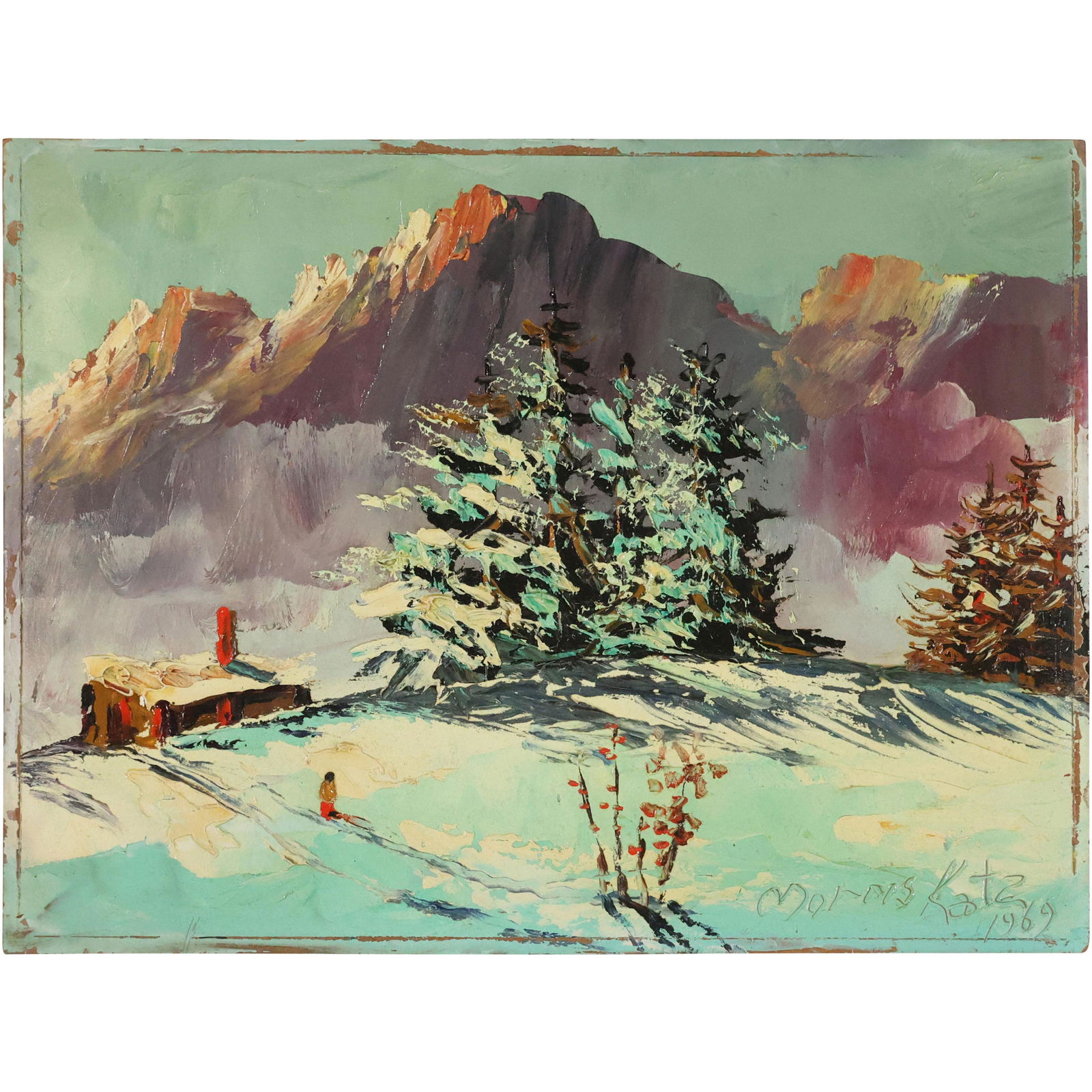 Morris Katz 1969, Jewish American, Oil/b Winter Cabin Hilltop Mountains (1 of 13)