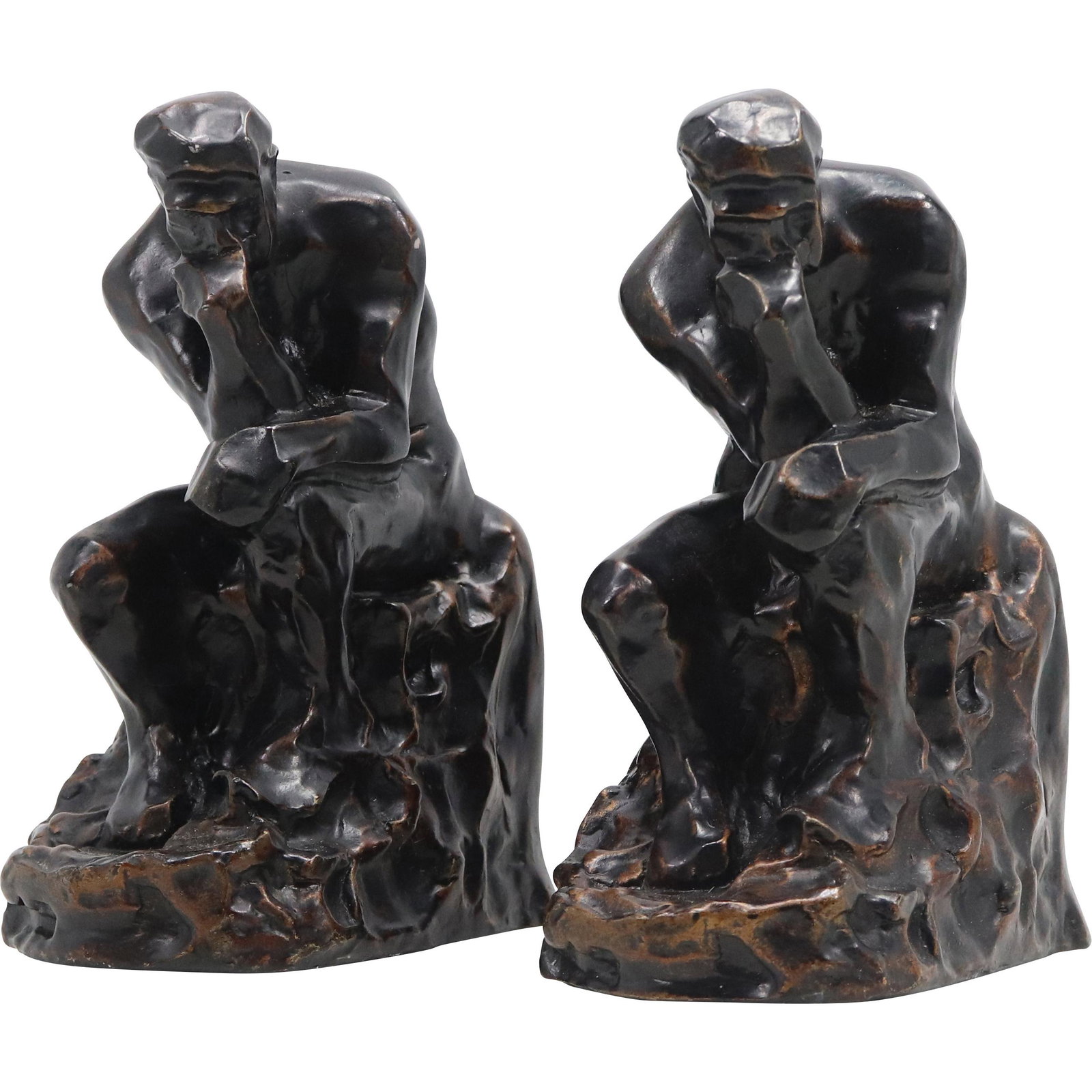 "The Thnker" Nude Male Bookends in Hard Composition, Dark Bronze Finish: "The Thnker" Nude Male Bookends in Hard Composition, Dark Bronze Finish. size: 7.5h 4.5w