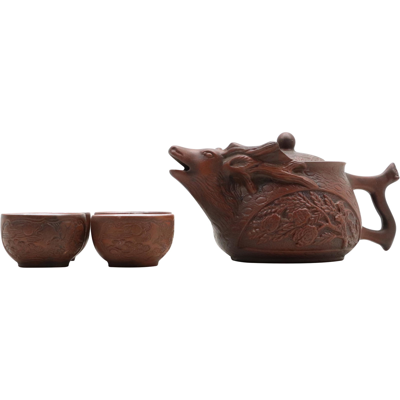 5 Pc. Redware Ceramic Elk Figurative Teapot with [4] Small Cups (1 of 13)