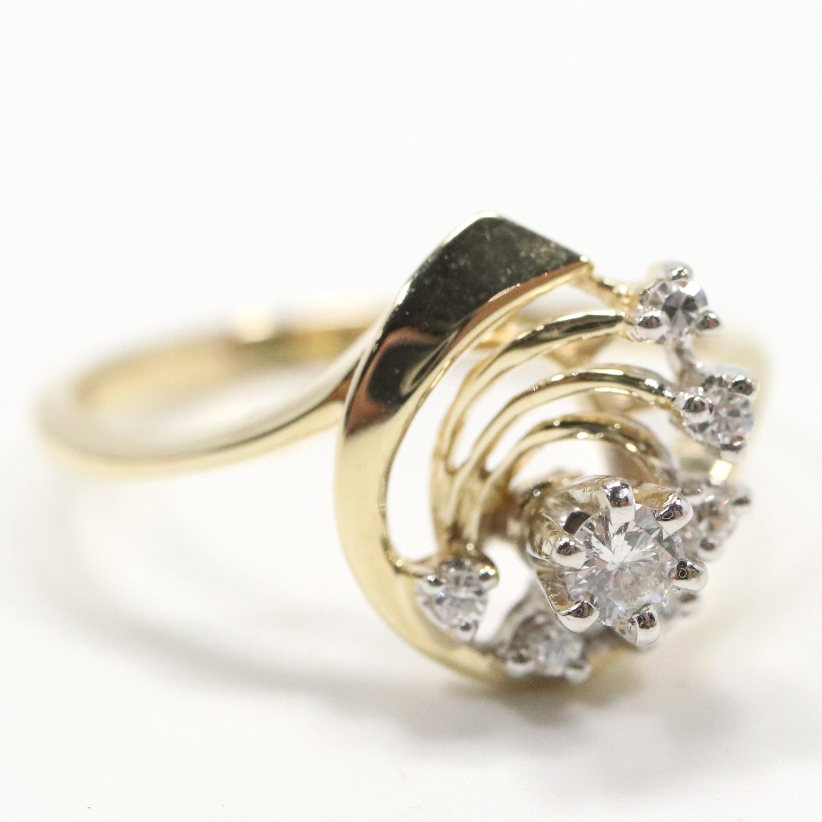 14K Gold Diamonds Burst Evening Ring Size 7, 1.7 dwt, 2.6 g., 5/8 in. x 1/2 in. (1 of 7)