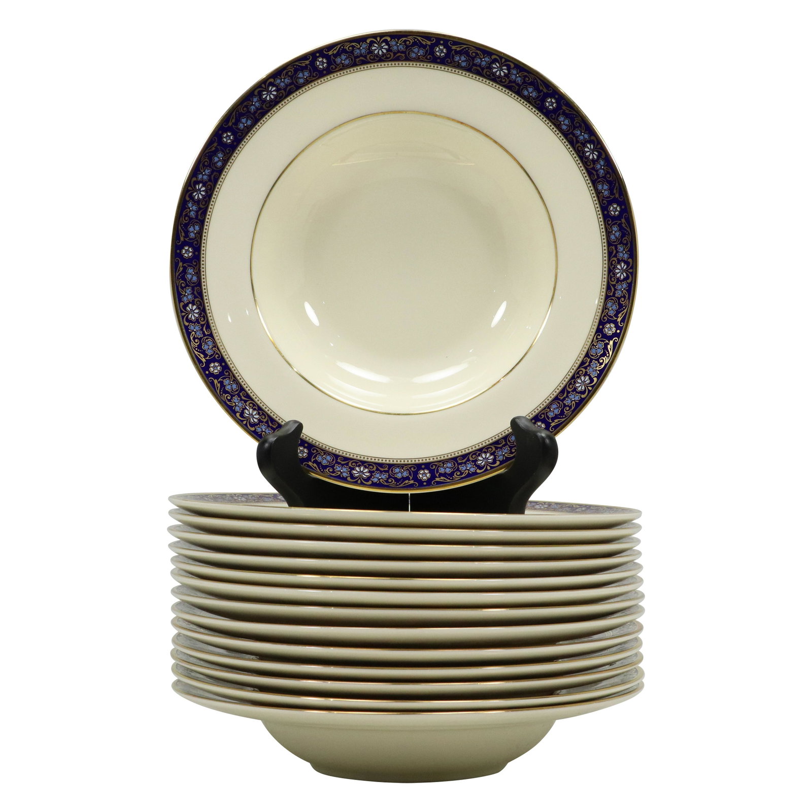 [14] Fourteen MINTON Fine Porcelain Luncheon Plates Cobalt Rims: [14] Fourteen MINTON Fine Porcelain Luncheon Plates Cobalt Rims. size: 1.5h 8w