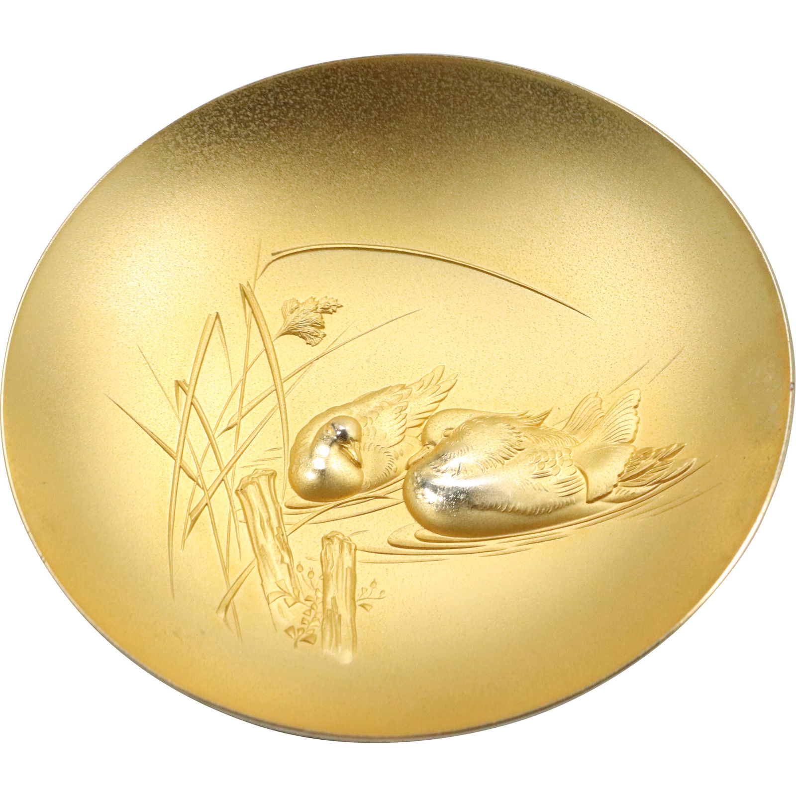 Asian Oriental 24KGP Metal Bowl, Signed, with Birds in Relief (1 of 8)