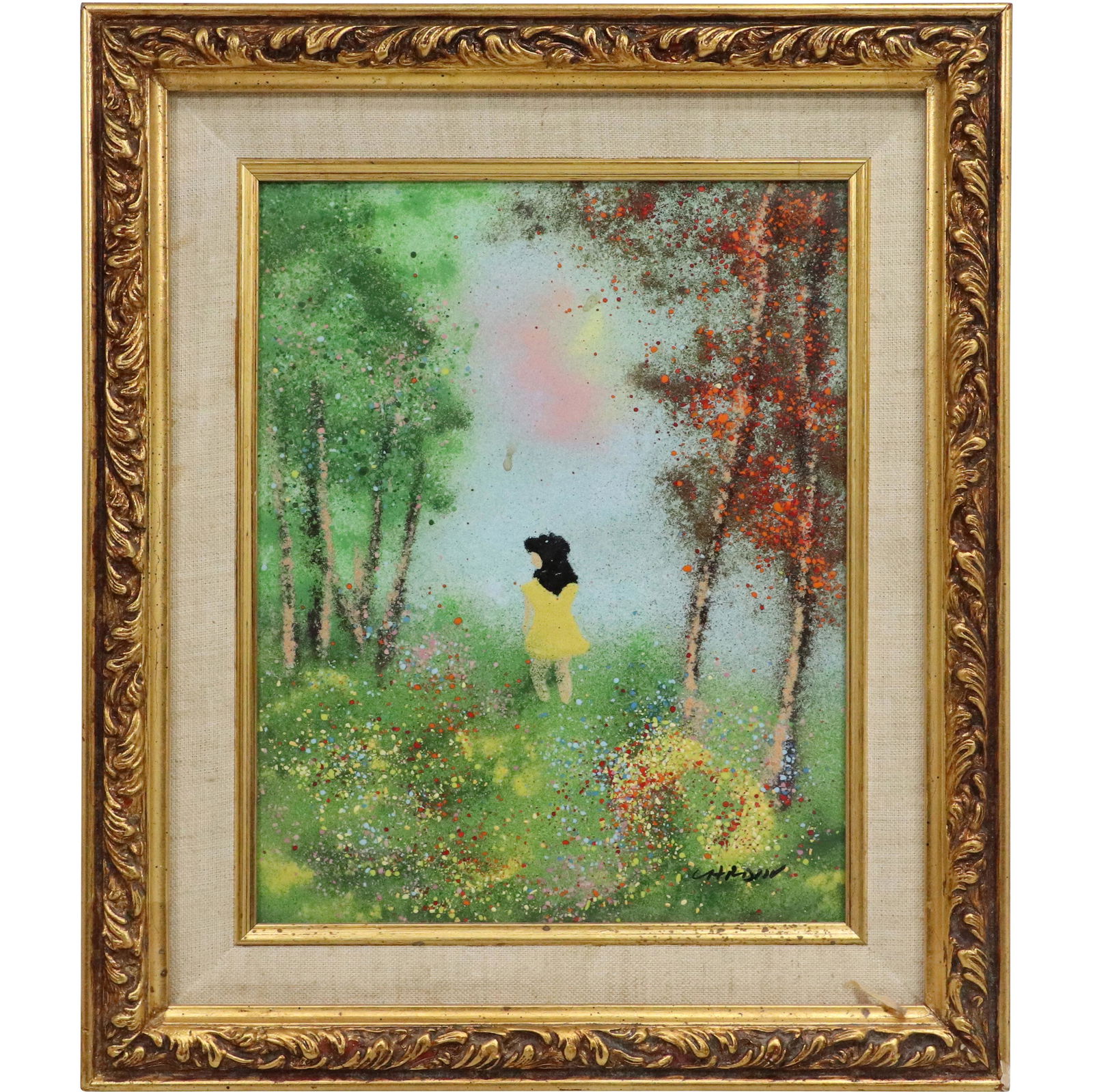 Signed Louis Cardin Enamel on Copper Art Painting Girl in Field Opening, Framed (1 of 12)