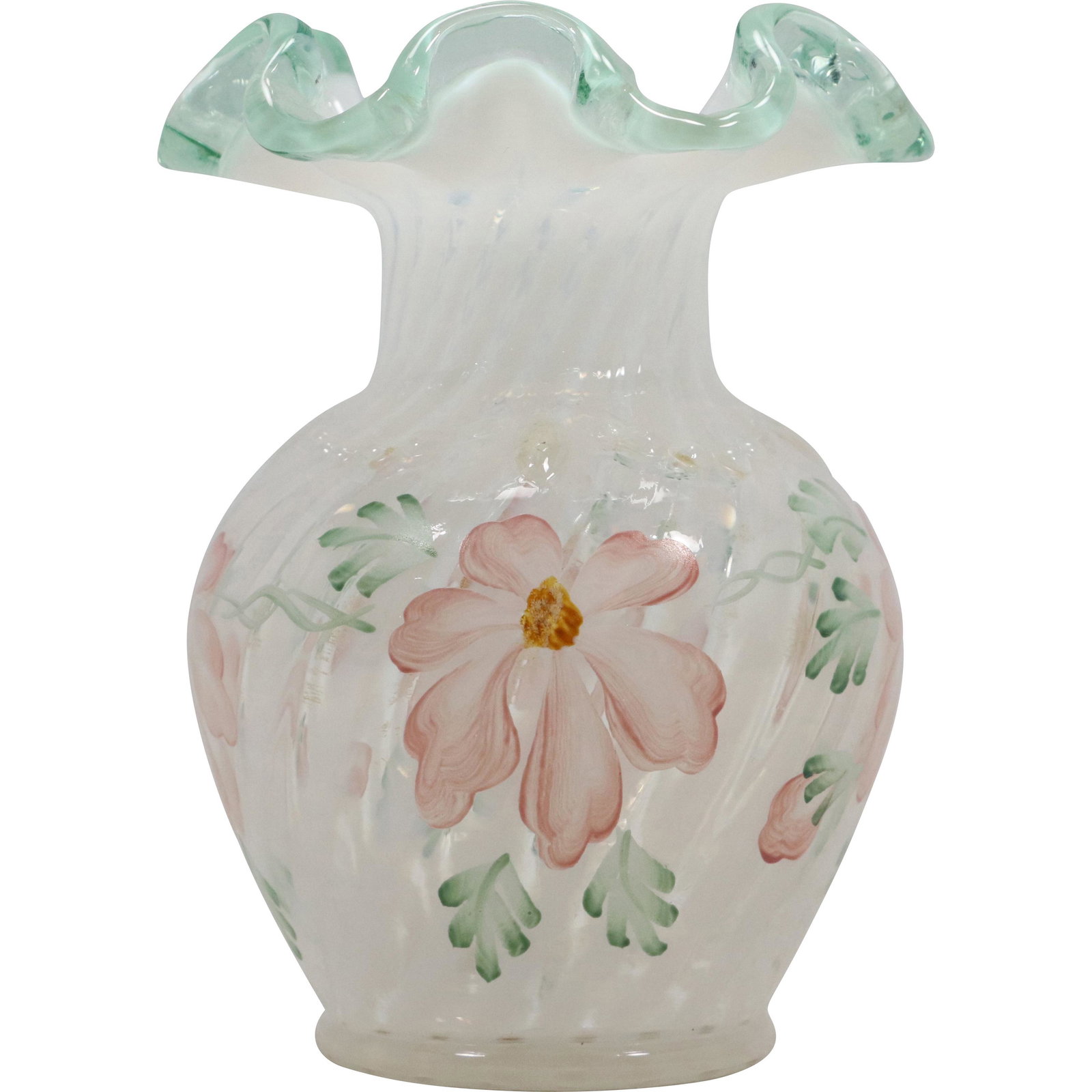 Fenton Small Glass Vase Hand Painted Flowers, Ruffled Rim (1 of 8)