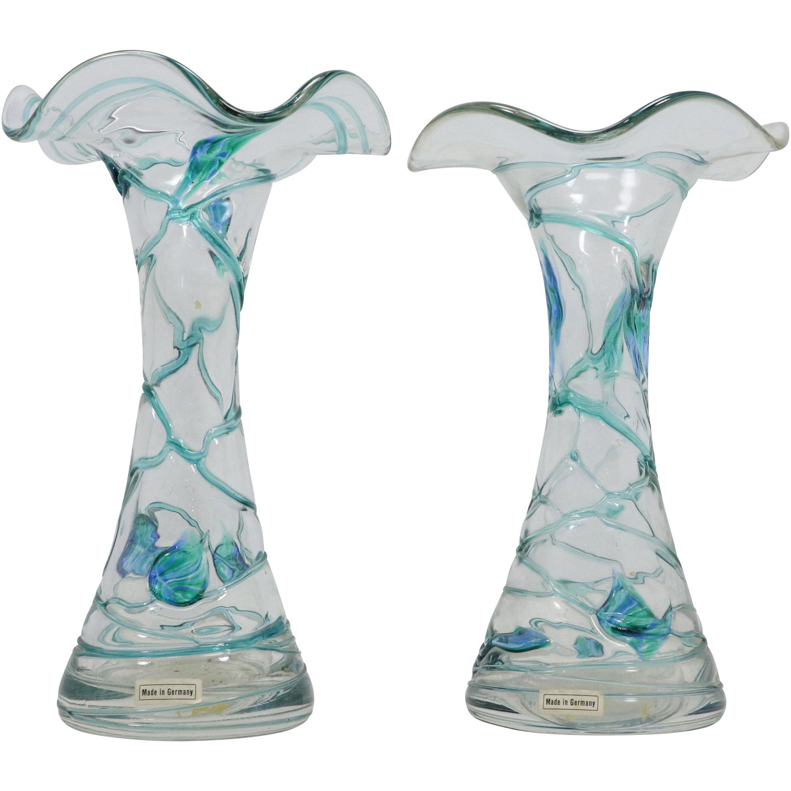[2] Two GLASHUTTE FRAUENAU Art Glass Vases Made in Germany, Original Label, Signed: [2] Two GLASHUTTE FRAUENAU Art Glass Vases Made in Germany, Original Label, Signed. size: 9.5h 6w