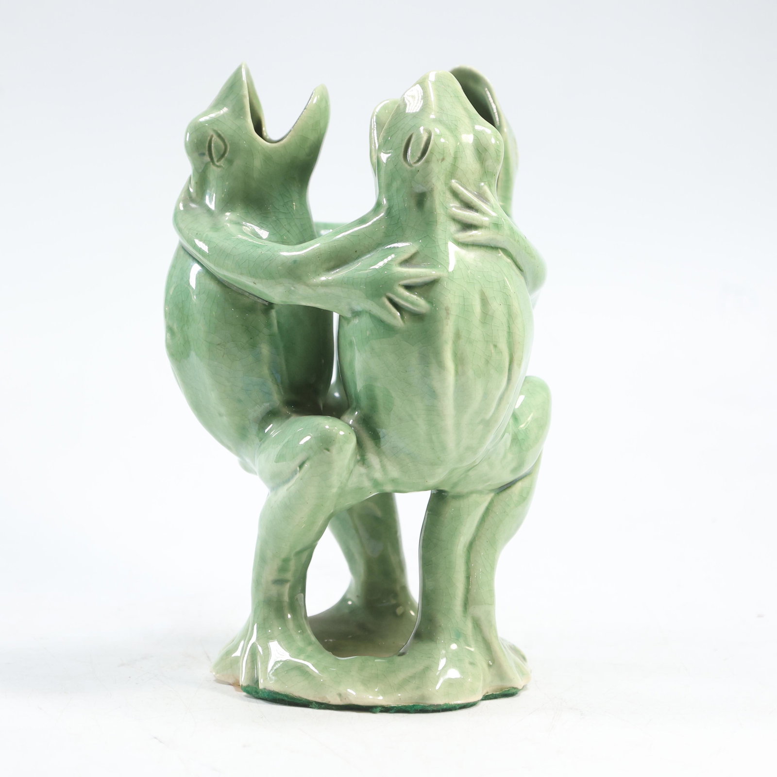 [3] Three Assorted Green Majolica Whimsical Frog Vases: [3] Three Assorted Green Majolica Whimsical Frog Vases. size: 2x (7.75 x 5), (4 x 8.25)