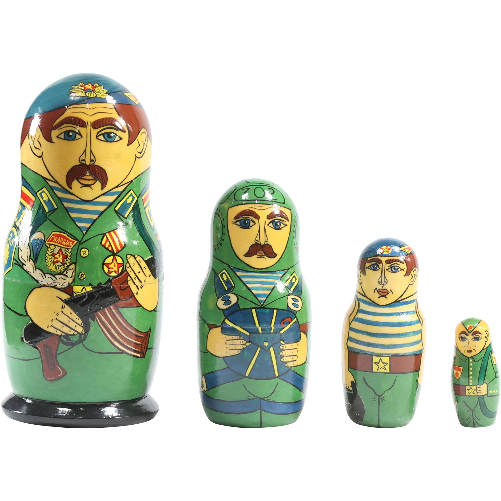Nesting of 4 Russian Wood Dolls "Military Soldiers" Graduated Size Characters: Nesting of 4 Russian Wood Dolls "Military Soldiers" Graduated Size Characters. size: 7 x 3