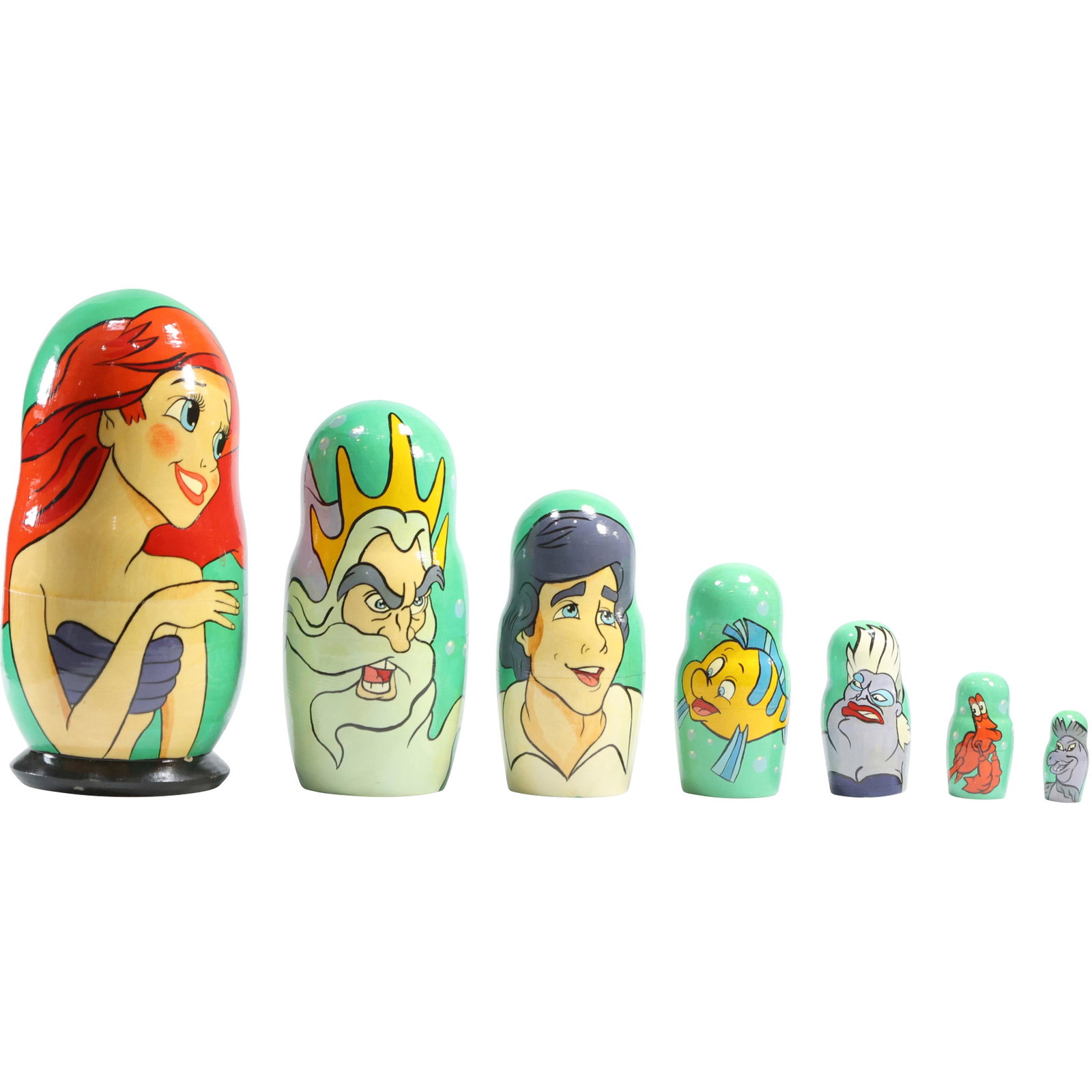 Nesting of 7 Russian Wood Dolls "Little Mermaid" Graduated Size Characters: Nesting of 7 Russian Wood Dolls "Little Mermaid" Graduated Size Characters. size: 7.75 x 3.5
