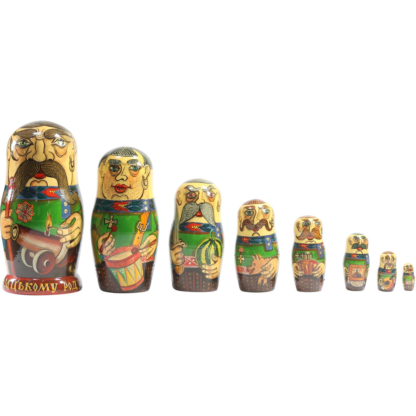 Nesting of 8 Russian Wood Dolls "Mustache Men" Graduated Size Characters: Nesting of 8 Russian Wood Dolls "Mustache Men" Graduated Size Characters. size: 7.5 x 3.5