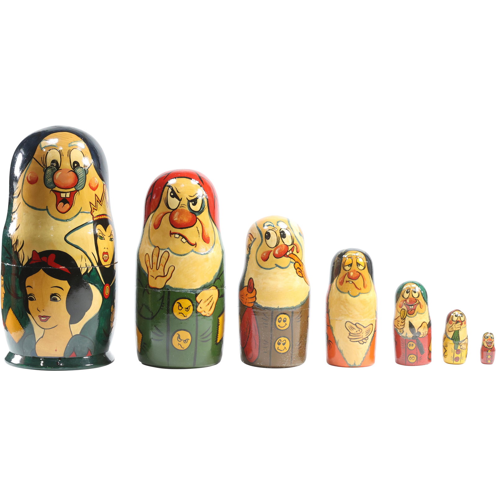 Nesting of 7 Russian Wood Dolls "Snow White and Dwarfs" Graduated Size Characters: Nesting of 7 Russian Wood Dolls "Snow White and Dwarfs" Graduated Size Characters. size: 8.5 x 4