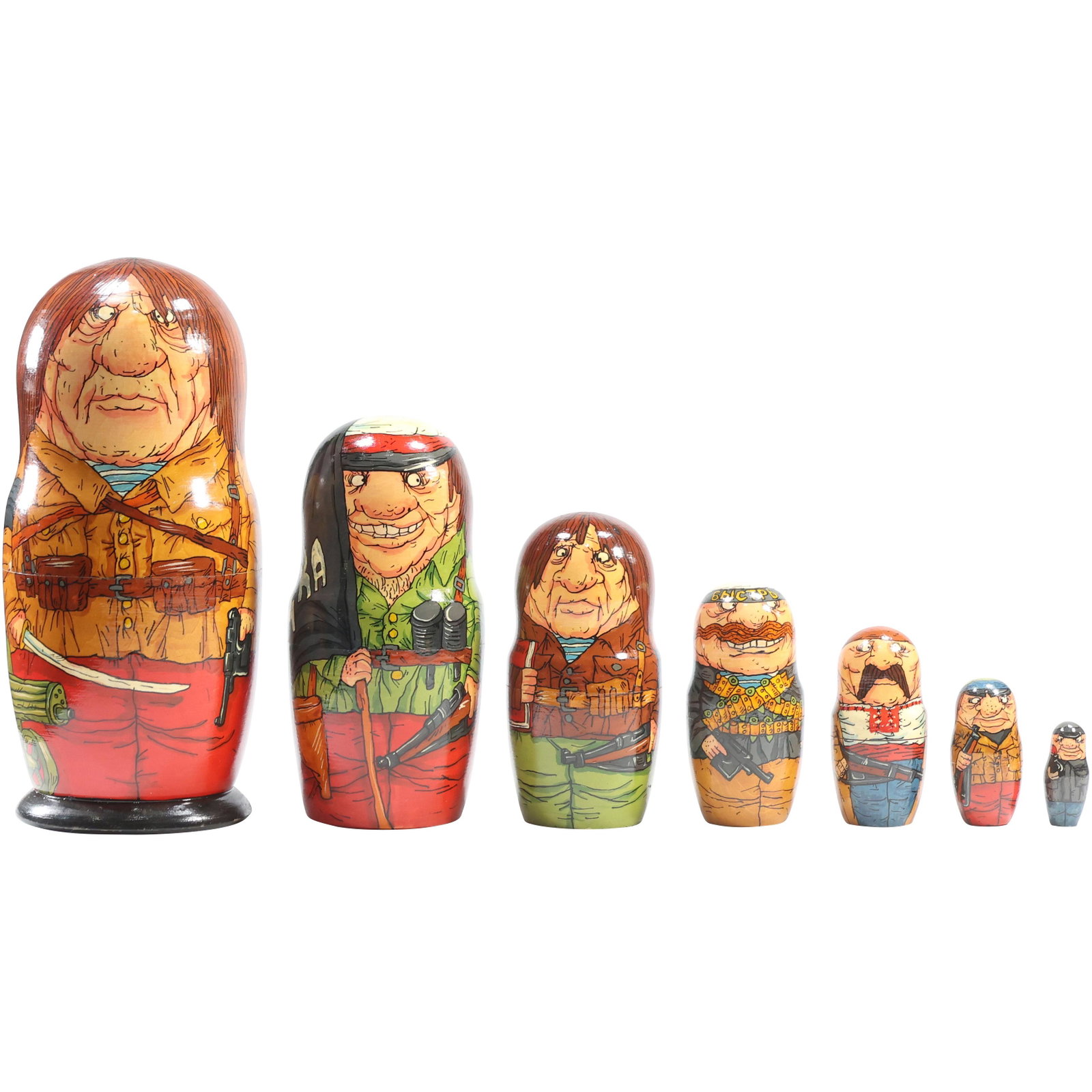 Nesting of 7 Russian Wood Dolls "Military Cartel Officers" Graduated Size Characters: Nesting of 7 Russian Wood Dolls "Military Cartel Officers" Graduated Size Characters. size: 8.75 x 4