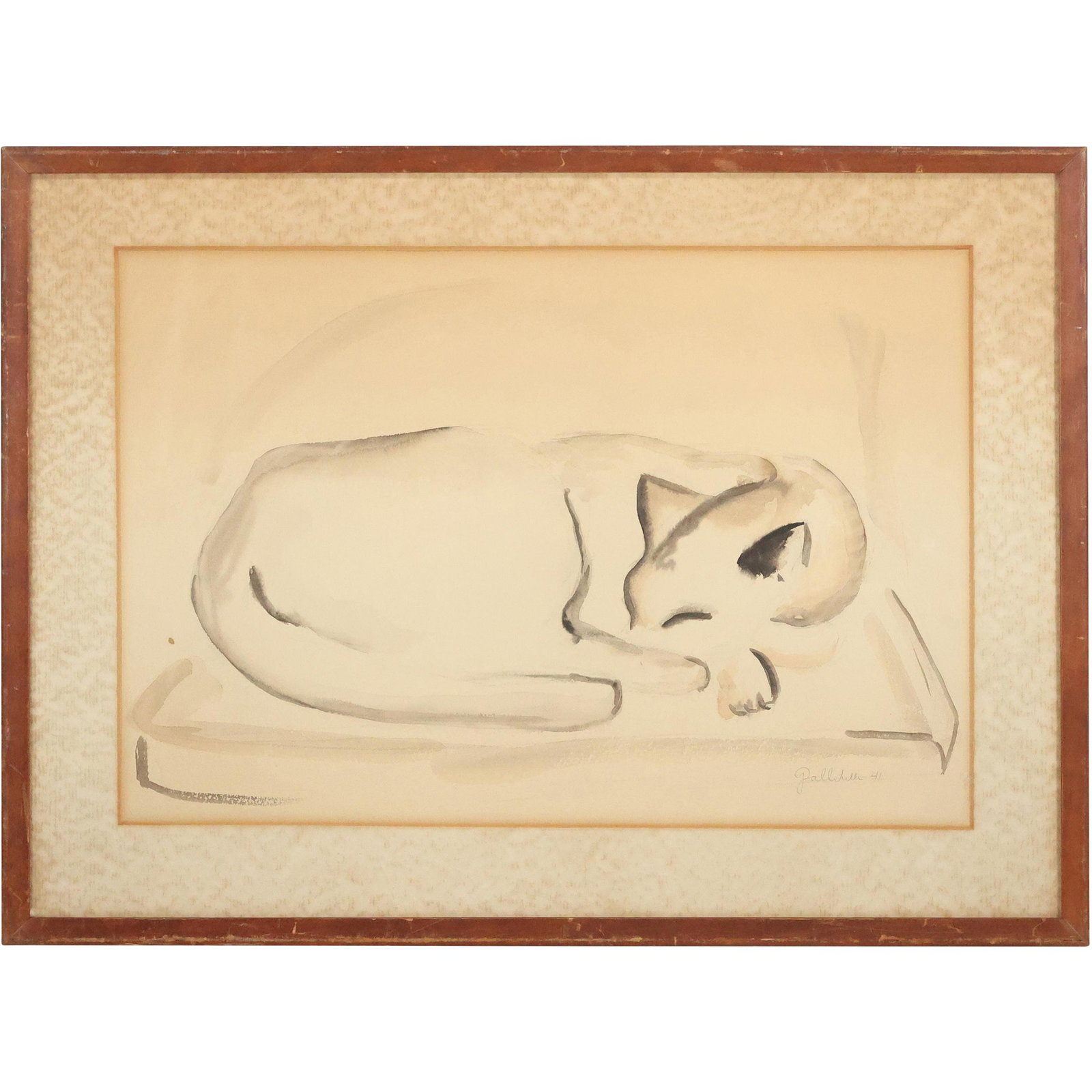 Gallitelli 1941, Modernism Watercolor of a Reclining Cat, Signed, Dated, Framed: Gallitelli 1941, Modernism Watercolor of a Reclining Cat, Signed, Dated, Framed. size: 15.5 x 23 matte, 21.5 x 29.25 outside frame