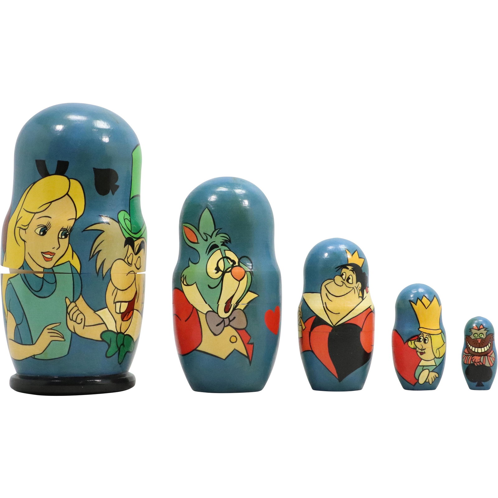 Nesting of 5 Russian Wood Dolls "Alice in Wonderland" Graduated Size Characters: Nesting of 5 Russian Wood Dolls "Alice in Wonderland" Graduated Size Characters. size:7h 3.5w